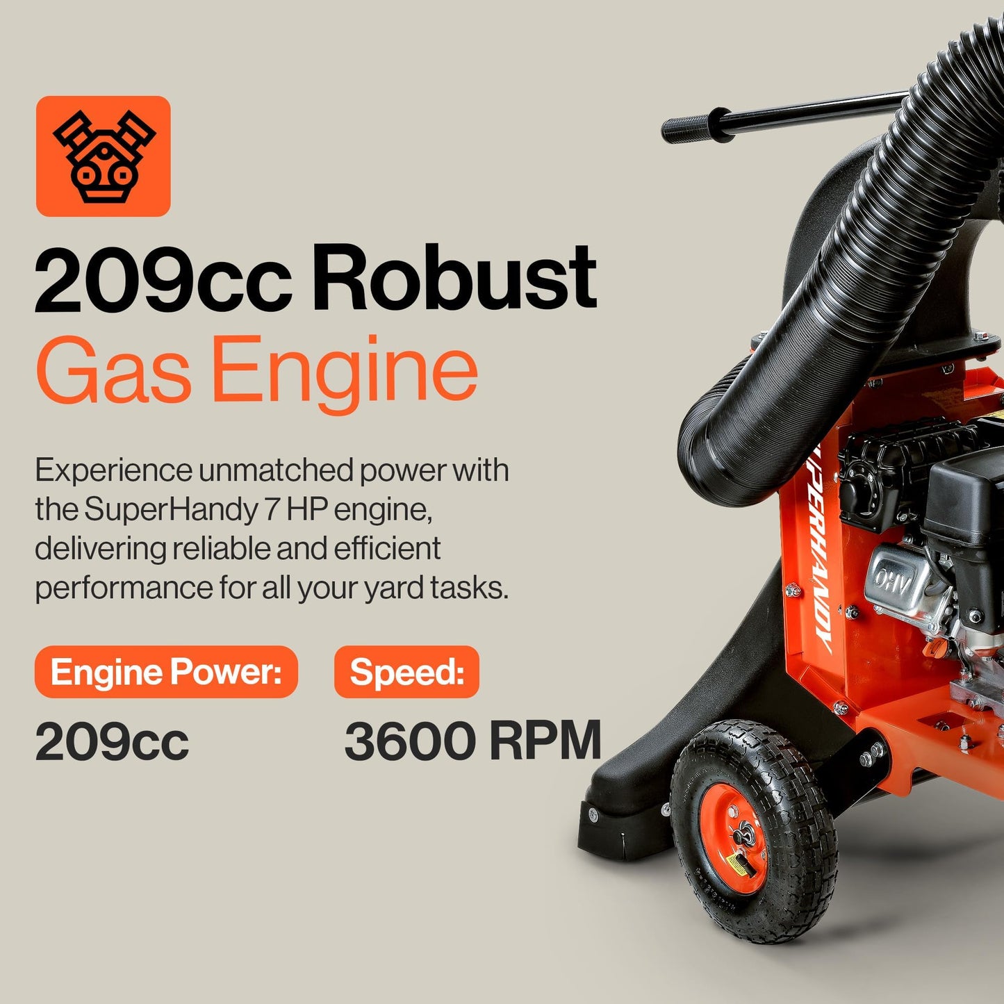 SuperHandy Leaf Vacuum & Wood Chipper 7HP 209cc Gas Engine, 10:1 Mulch Ratio, 6-Bushel Collection Bag, 13.4" Impeller, Walk-Behind Vacuum Mulcher with Castor Wheels for Lawn & Yard Cleanup