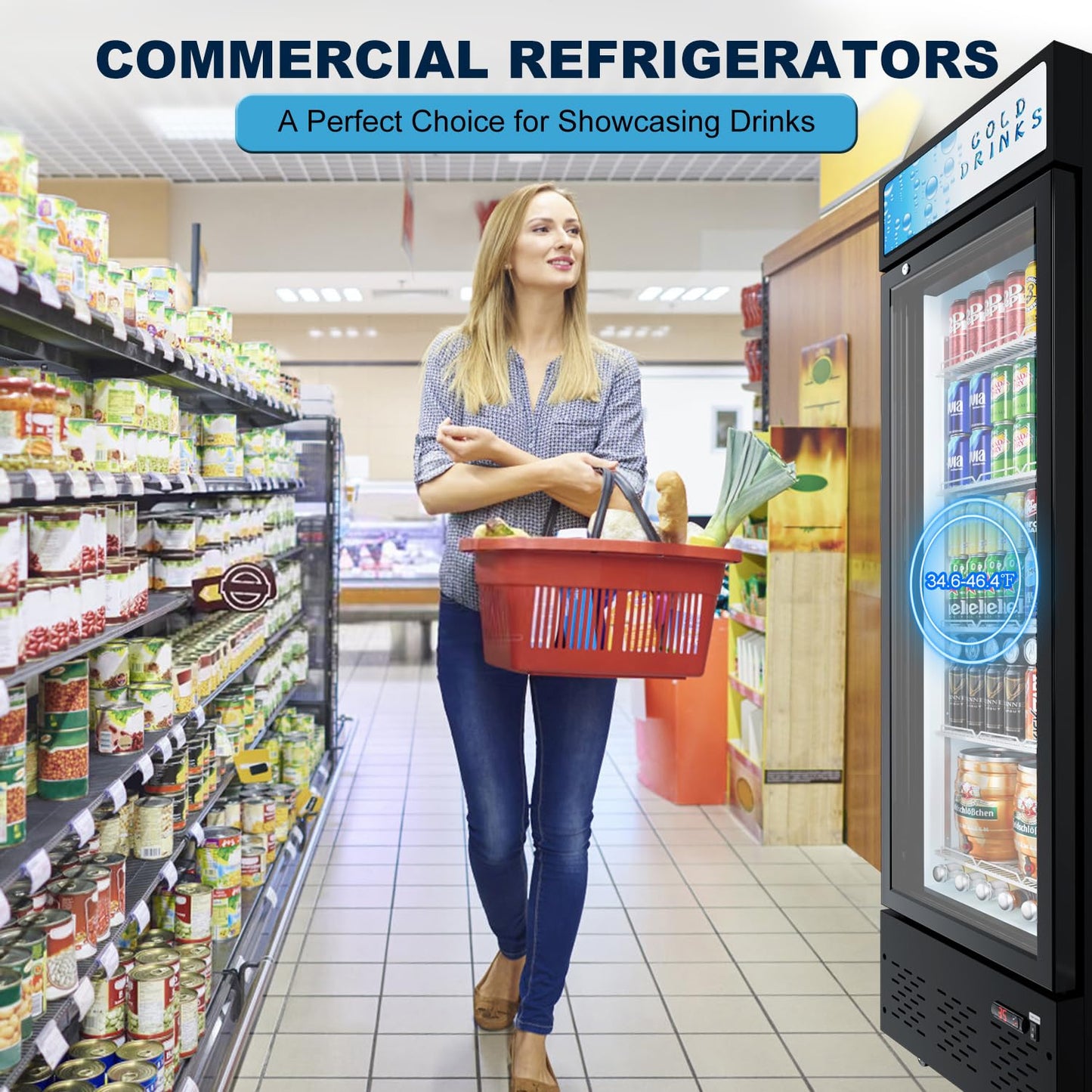 ECEVT 20.8''W Commercial Refrigerators, 11 Cu.ft. Glass Door Beverage Refrigerators Commercial Fridge Upright Display Cooler with Soft LED Light and Adjustable Shelves for Restaurant Grocery Stores