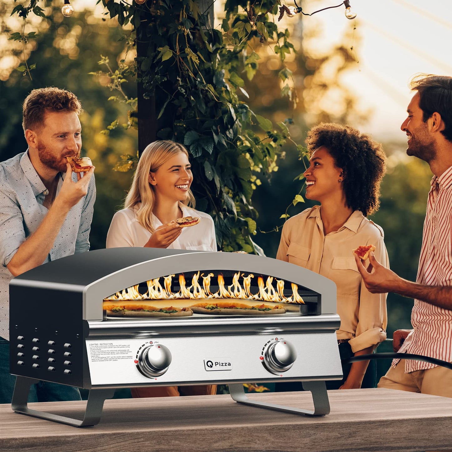 Outdoor 2-Burner Gas Pizza Oven, 25" Large Capacity Pizza Maker, Versatile Grill Stove with 19" Baking Stone for Steak Meat Seafood, OuPropane Grill Oven for Cooking