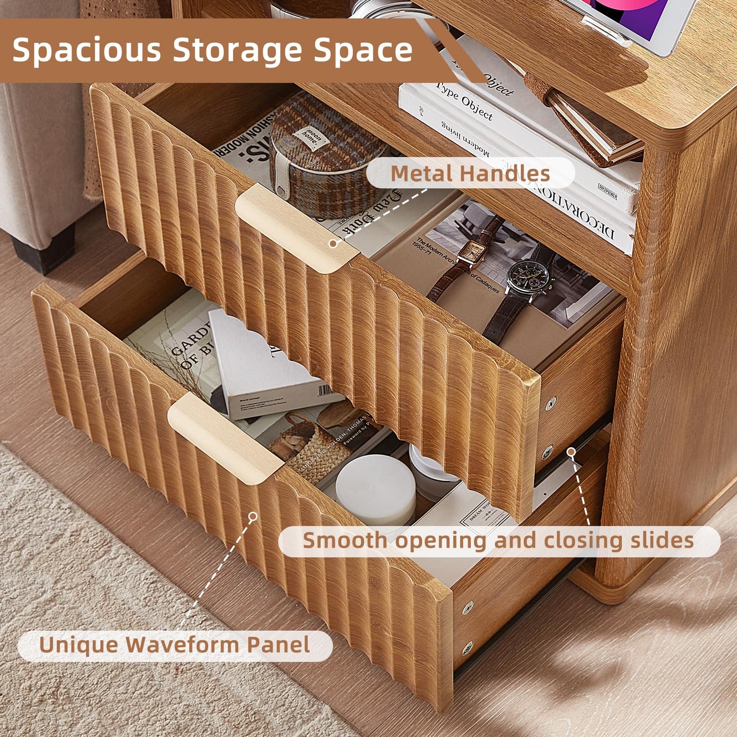 LEYAOYAO Fluted Farmhouse Nightstand Set of 2 with Charging Station, 23" Wide 2 Drawers End Table,Brown Dresser for Bedroom,Bed Side Table Chest of Drawers Cabinet,Wood Night Stand for Living Room