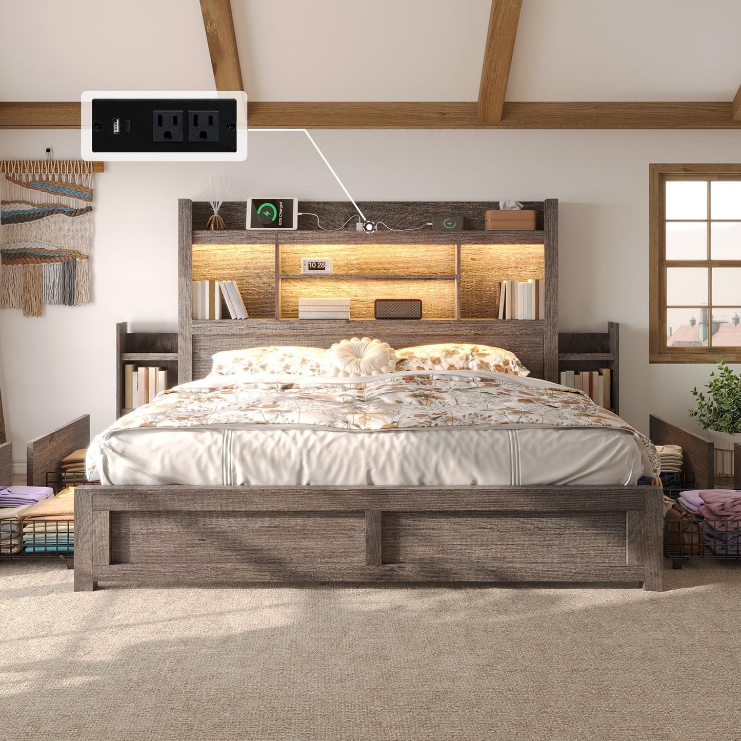 LUXOAK King Bed Frame with 49.6" Bookcase Headboard & 2 Bedside Stoage Racks & 4 Drawers, Farmhouse Wood Bed Frame with RGB LED & Charging Station, No Box Spring Needed, Grey