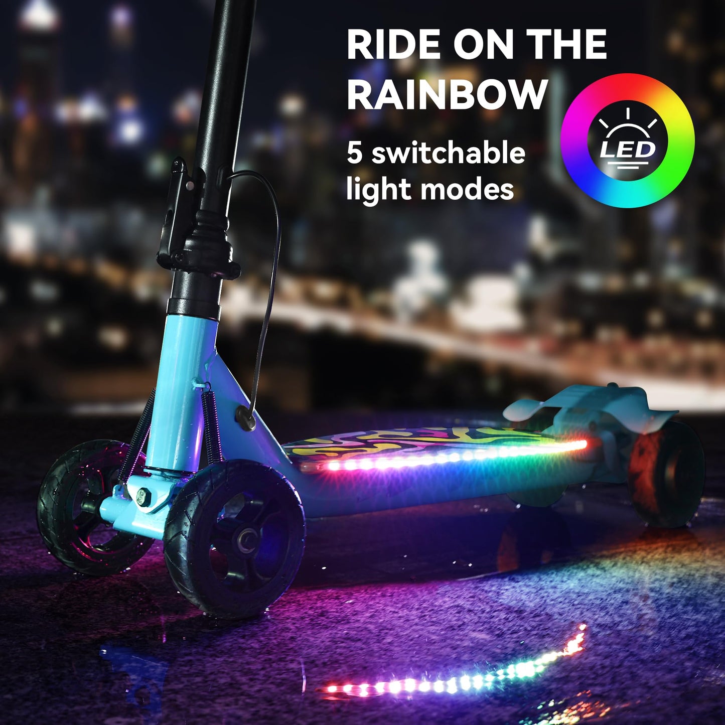 4-Wheel Electric Scooter for Kids w/ 250W Motor, Max 10 MPH & 8.5 Miles, Foldable E-Scooter for Kids with Rainbow Lights, LED Display, 5 Speeds & Adjustable Balance, UL-2272 Certified