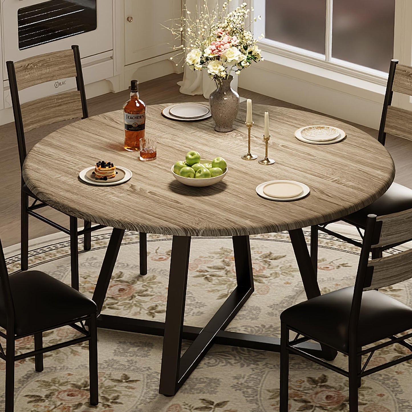 Garvee Round Dining Table Set for 4, 5 Piece Circle 43.31" Wooden Kitchen Dinner Table & Chairs Set for 4-6, w/ 4 Unpholster Chairs, Sturdy Thick Frame, for Kitchen, Apartment, Small Space, Retro Gay