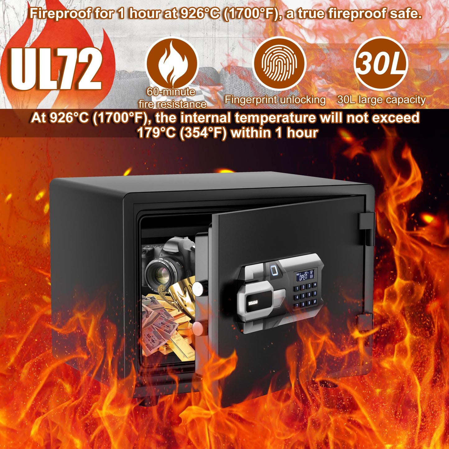 Waterproof and Fireproof Safe Box,Fingerprint and Digital,88 lbs Heavy,1 Hours Fire Proof Safes,Silent Mode Backlit Keypad,Home Safes Box for Medicine Money Valuables Document (Black, 88 LBS)