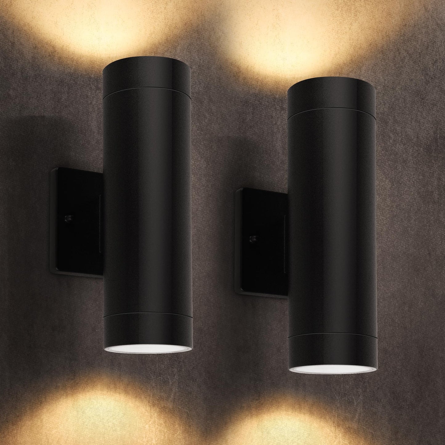 LUTEC Outdoor Wall Light, Integrated LED Cylinder Sconce, 16W 3000K, Waterproof Aluminum, Modern Matte Black, 2 Pack