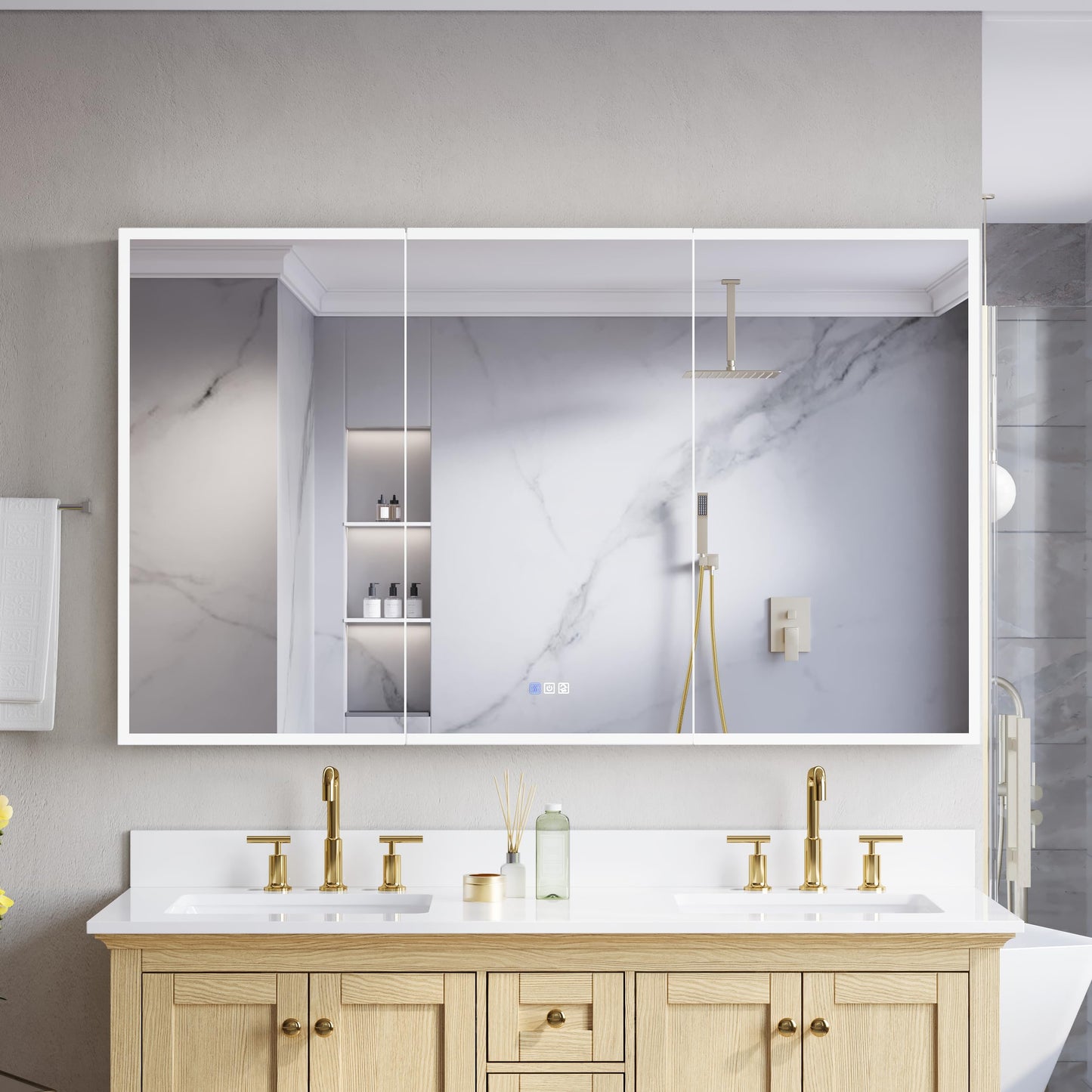 WELLFOR 60" X 36" LED Medicine Cabinet with Mirror, 3X Magnifiying Mirror Cabinet, Defogging/Dimmable Bathroom Mirrored Cabinet, Lighted Medicine Cabinet with Outlets & USB Ports, Three Opening Doors