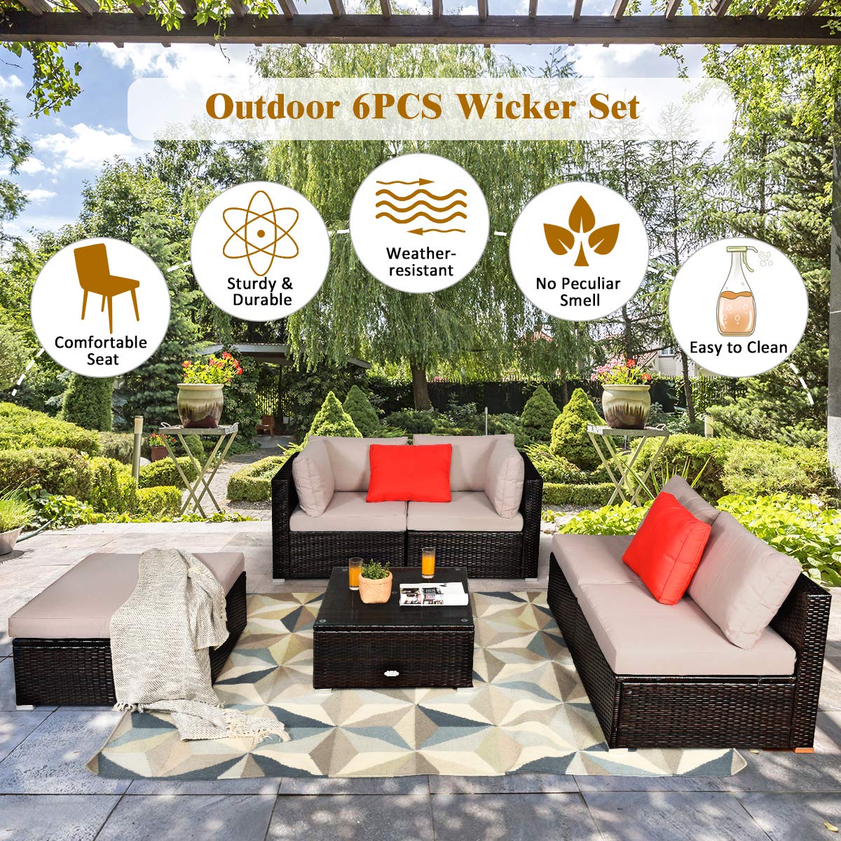 COSTWAY 6-Piece Outdoor Patio Furniture Set, Rattan Sectional Sofa Set with Tempered Glass Coffee Table, Cushions and Ottoman for Garden, Deck, Backyard (Beige)