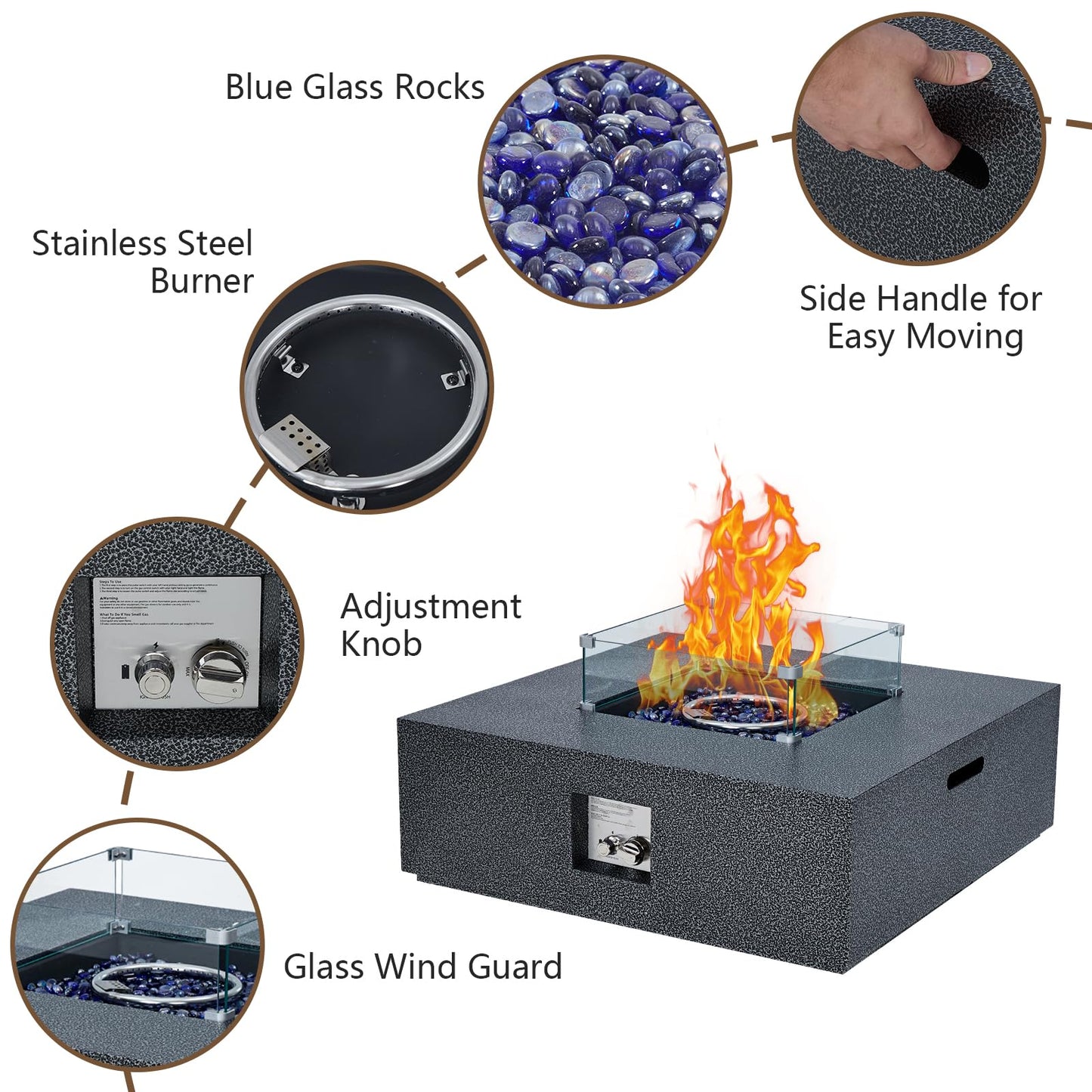 2-Piece Outdoor Propane Firepit Table Set w Tank Table, 36 inch Square Fire Table 50,000 BTU w 16 inches Tank Side Table, Wind Guard, Lava Rocks & Rain Cover for Garden, Pool, Porch, Backyard
