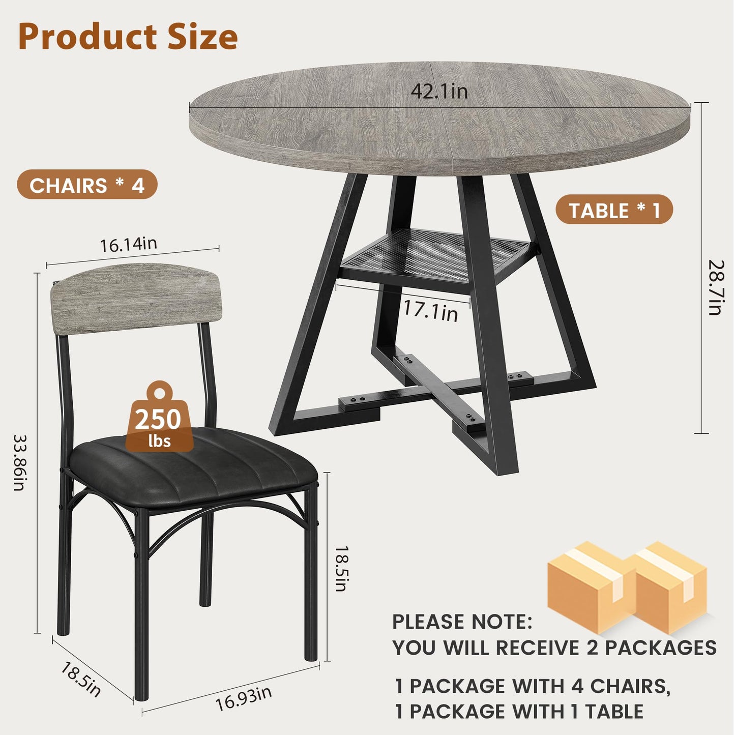 Round Dining Table Set for 4, Kitchen Table and Chairs for 4, Circle Table Round Pedestal Dining Room Dinner Dinette Table Set,5 Piece Space Saving Wood Kitchen & Dining Room Tables (Grey, 42In)