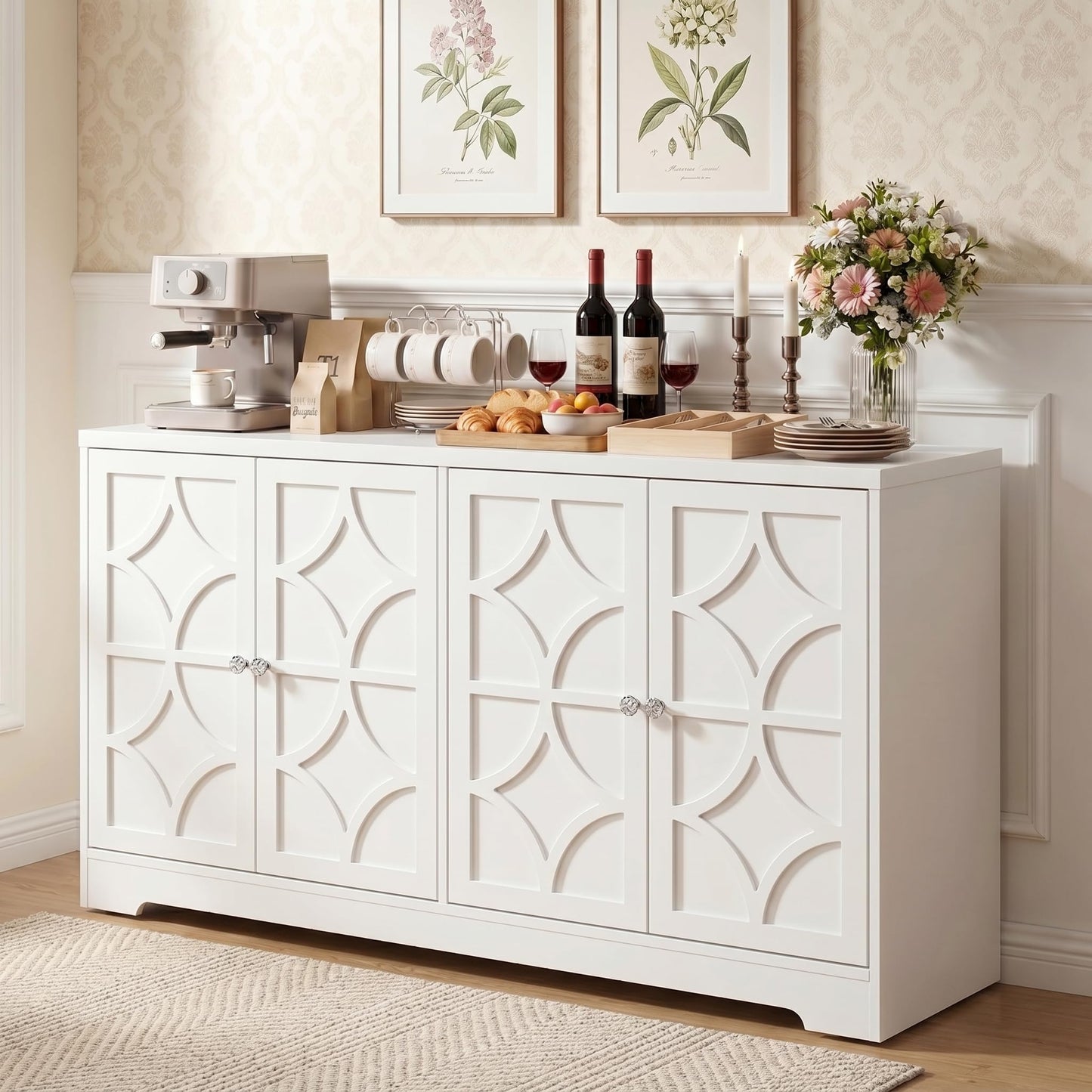 RoyalCraft Sideboard Buffet Cabinet with Storage, 56" Modern Sideboard with 4 Carved Doors, Large Wood Coffee Bar Console Table for Kitchen, Dining Room, Entryway, Living Room, Satin White