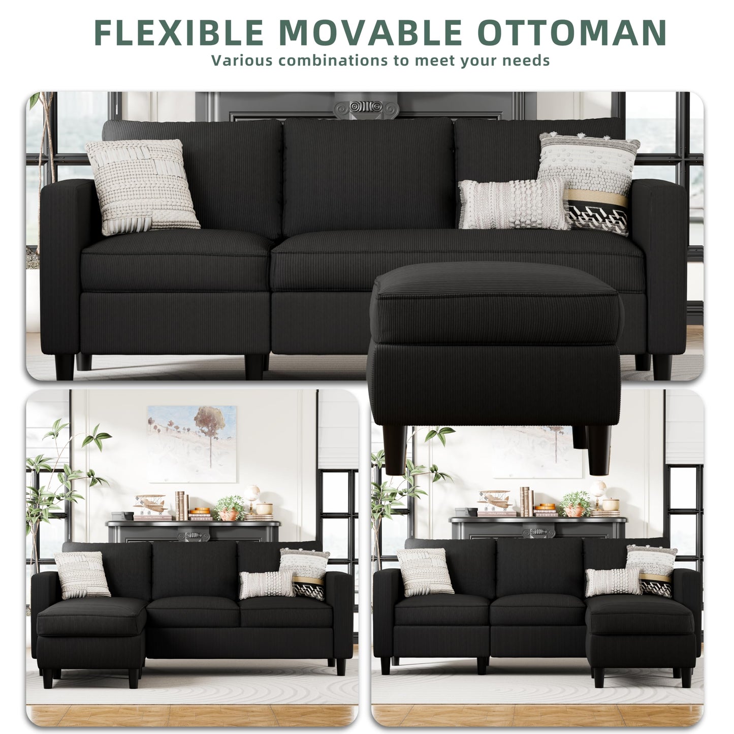 SUNLEI L-Shaped Sectional Sofa, Sectional Couches with Reversible Ottoma, 3-Seat Small Couch, Modern Ribbed Fabric Sofa for Living Room Apartment, Compact Comfy Upholstered Couch, Matte Black