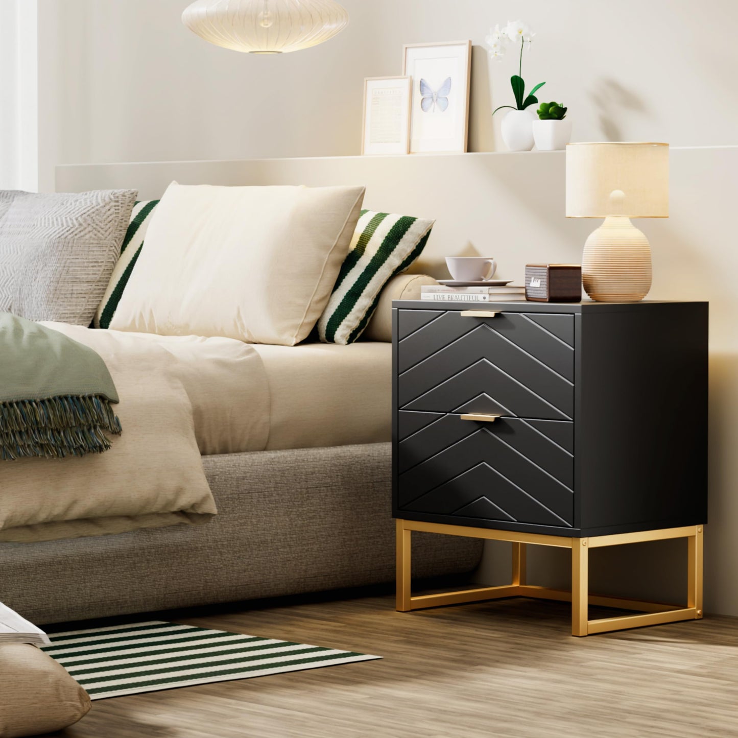 Anbuy Morden 3 Pieces Bedroom Sets, 6 Drawer Dresser and Nightstand Sets for Bedroom, Night Stand Set of 2 & 6 Drawer Dresser with Gold Handles, Morden Wood Chest of Drawers Storage Cabinet Set, Black