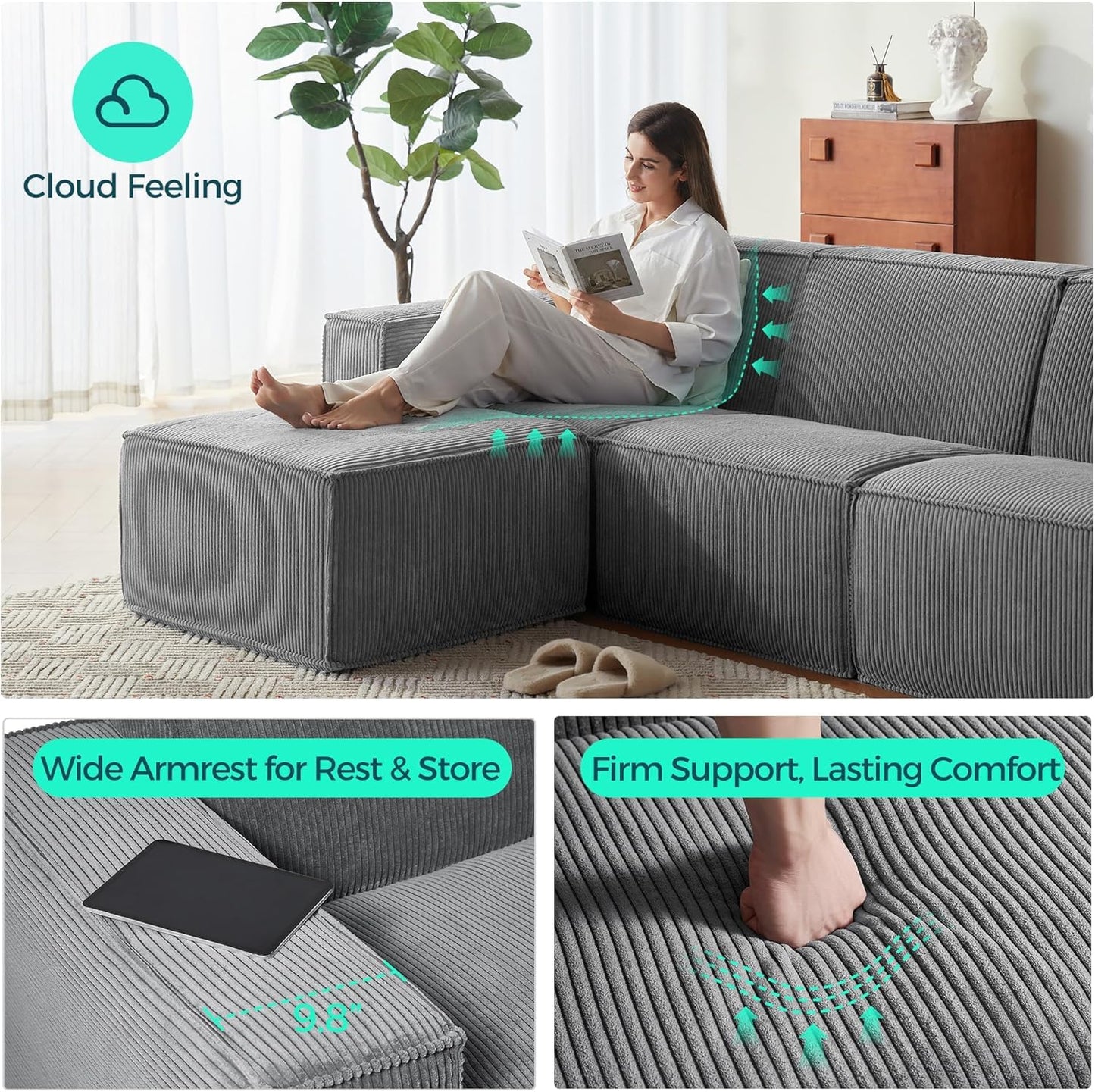 LINSY HOME Modular Sectional Sofa, 134" Boneless Couch U Shaped 4-Seat Sofa with 2 Movable Ottomans, Corduroy Sectional Cloud Couches for Living Room, No Assembly Required, Grey