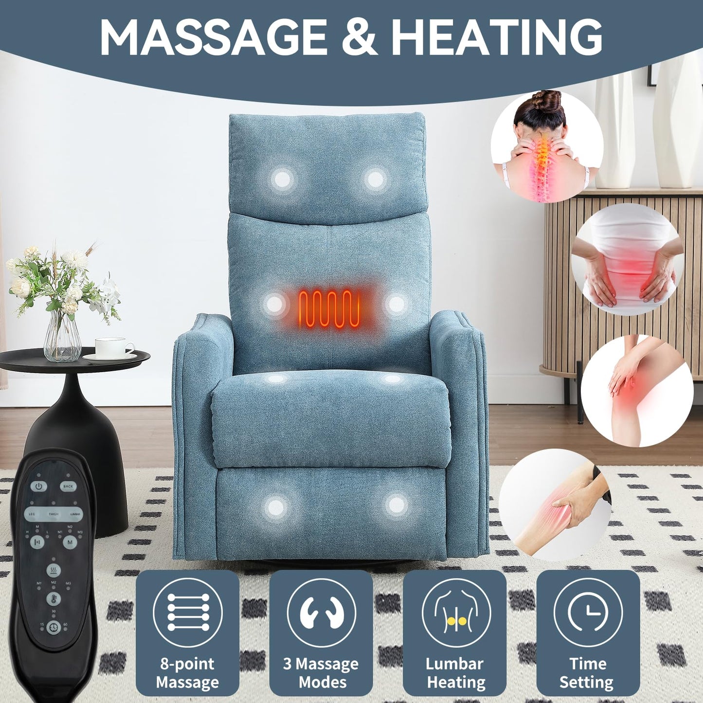 KEIKI 4-in-1 Manual Swivel Rocker Recliner Chair for Home Living Room, Polyester Chair with Back Massager & Heat, Home Theater Seating with Lumbar Support, 155 Perfect Angle Providing a Natural, Blue