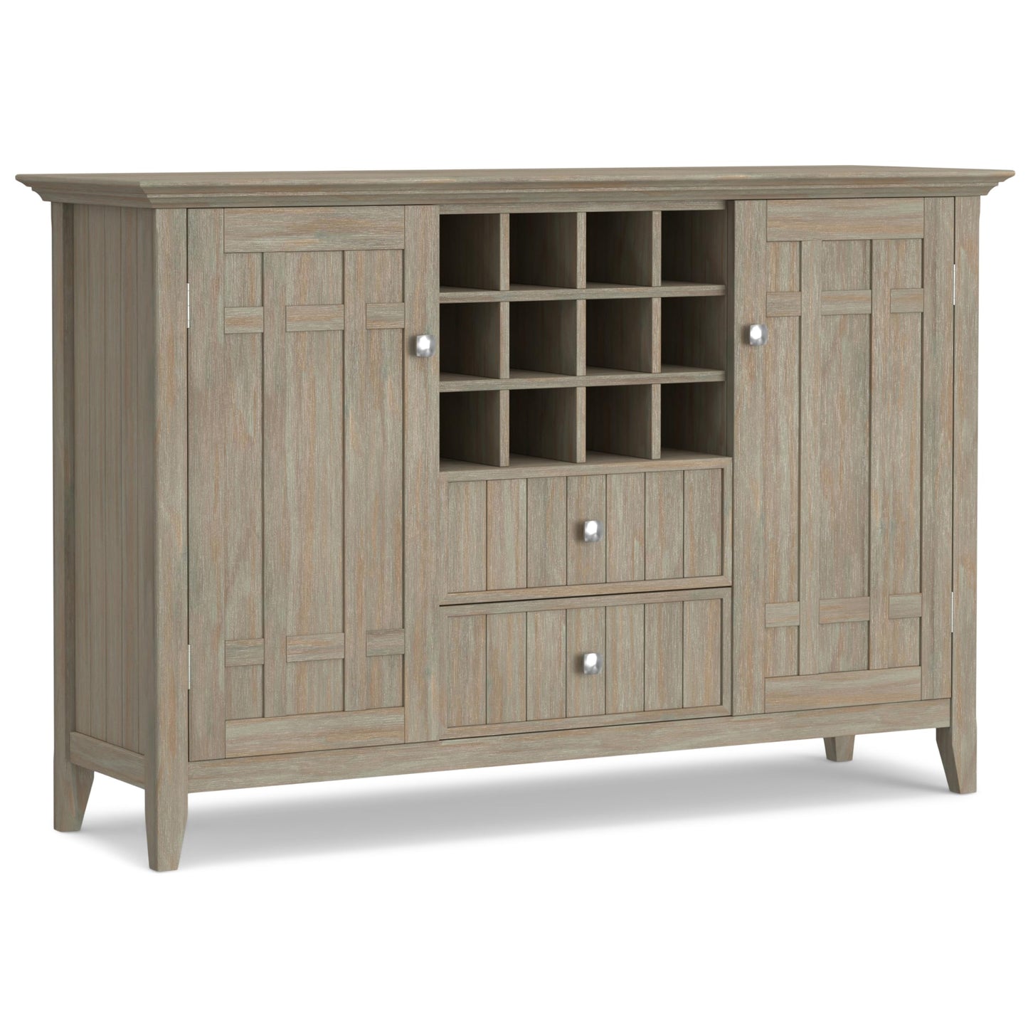 SIMPLIHOME Bedford Buffet - 54 inch Wide Solid Wood 3-Door Sideboard Buffet with Wine Rack in Distressed Grey, Transitional Cabinet for Dining Room or Kitchen with Adjustable Shelves