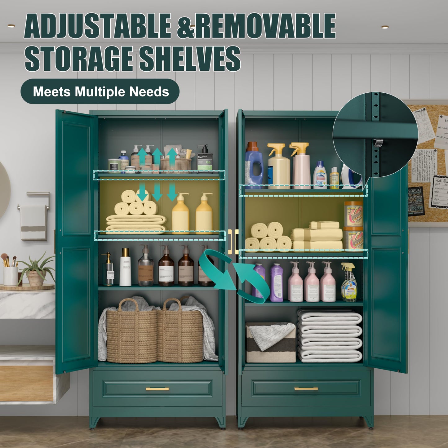 MetalMax 75" Tall Metal Storage Cabinet, Kitchen Pantry Storage Cabinets with Doors and 3 Shelves, Food Pantry Cabinet with Drawer, Utility Kitchen Cupboard, Large Steel Cabinets for Dining, Green