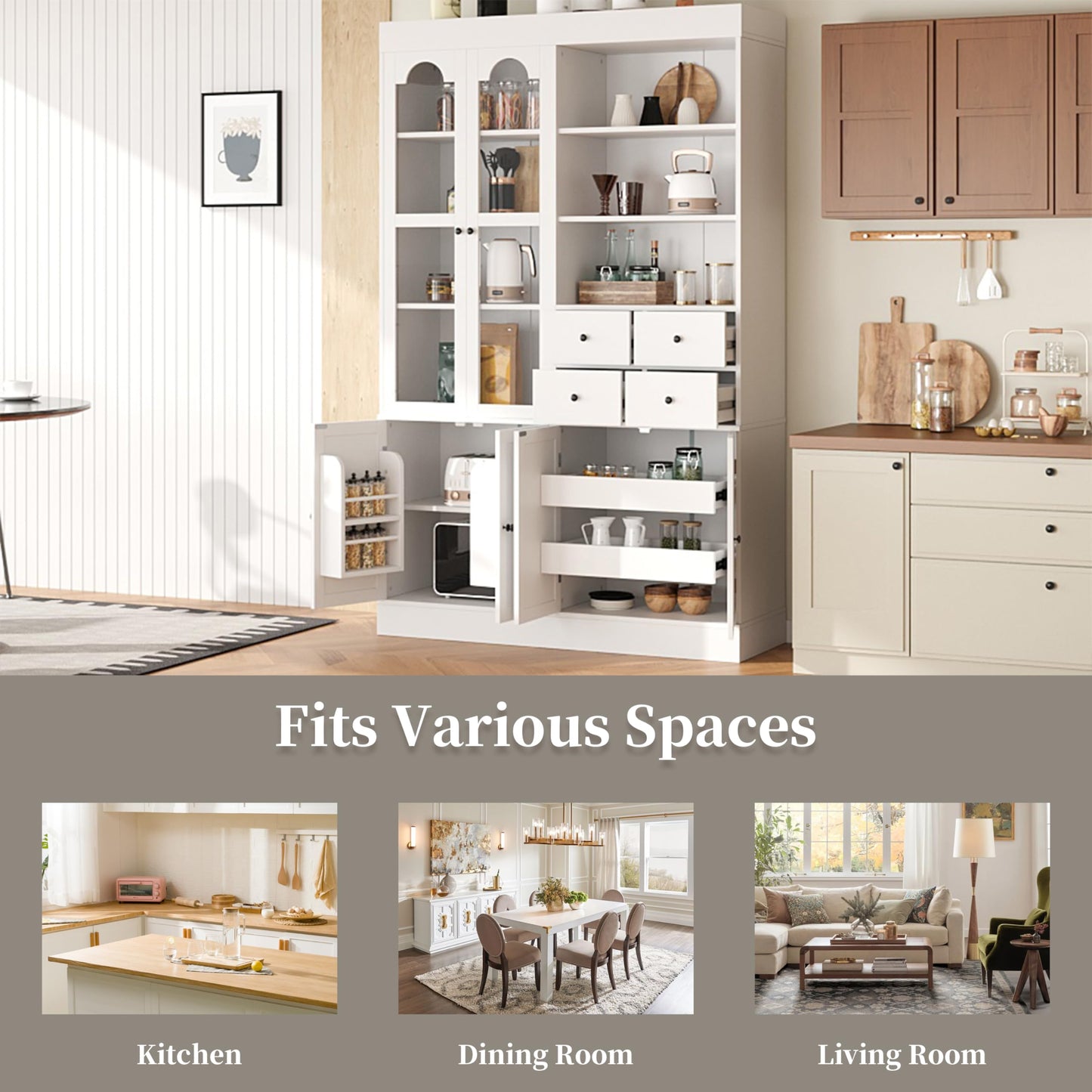 Merax Wood Kitchen Pantry with 4 Drawers, 3 Cabinets and Hutch, Tall Cupboard Dining Storage Cabinet with Door Shelves and Pull-Out Trays for Living Room, Kitchen, Dining Room White