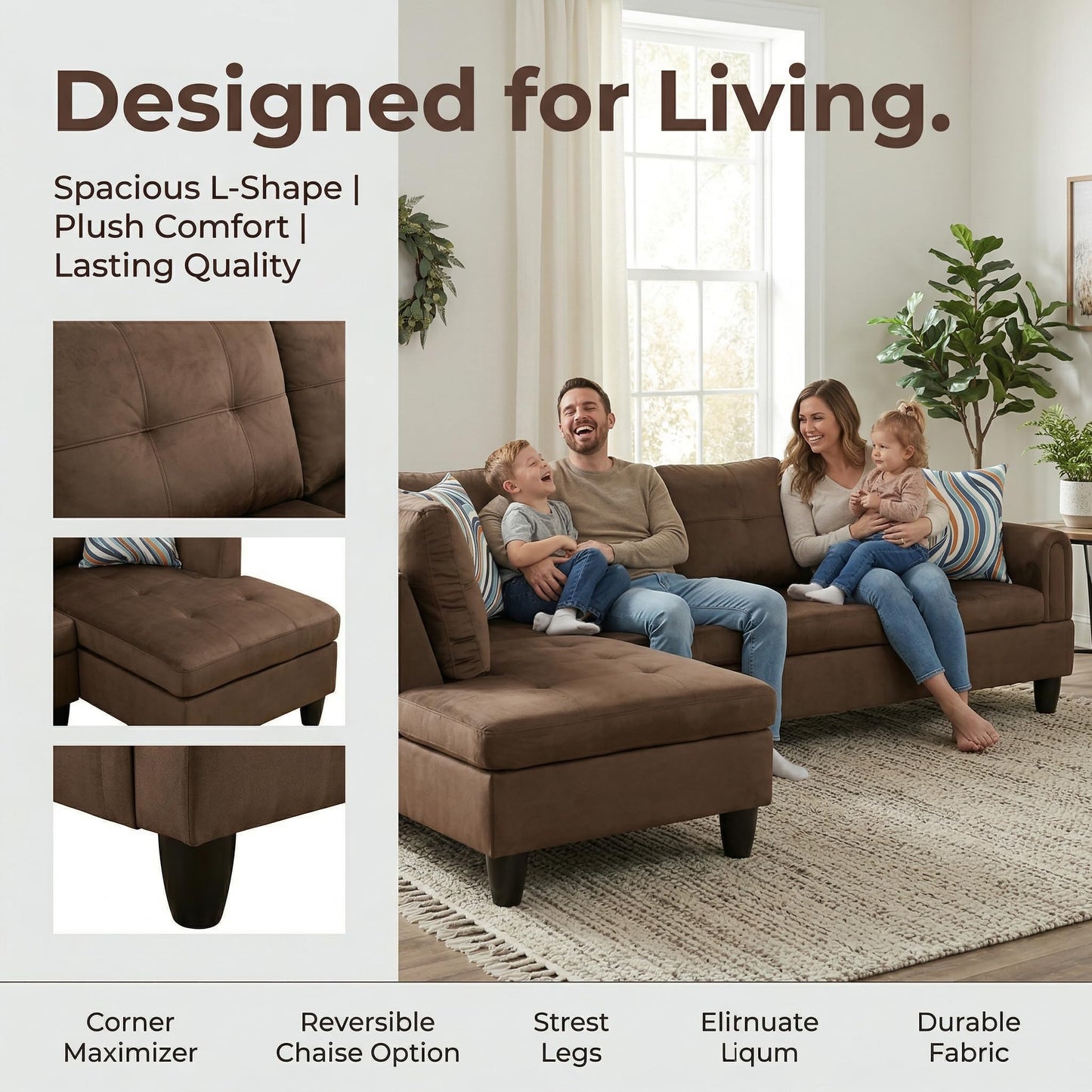 Trygoal L-Shaped Sectional Sofa, Modern 4-Seat Couch with Left Facing Chaise, Sectional Couch for Living Room, Apartment, Office, Chocolate