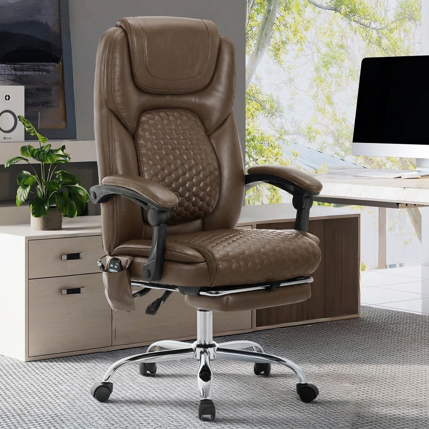 MALOL Massage Office Chair with Heat and Footrest - 3-Level 65°C Targeted Heating, 20-Min Easy Assembly Leather Desk Chair, Big and Tall Executive Computer Chair with Side Pocket, 300 lbs, Brown