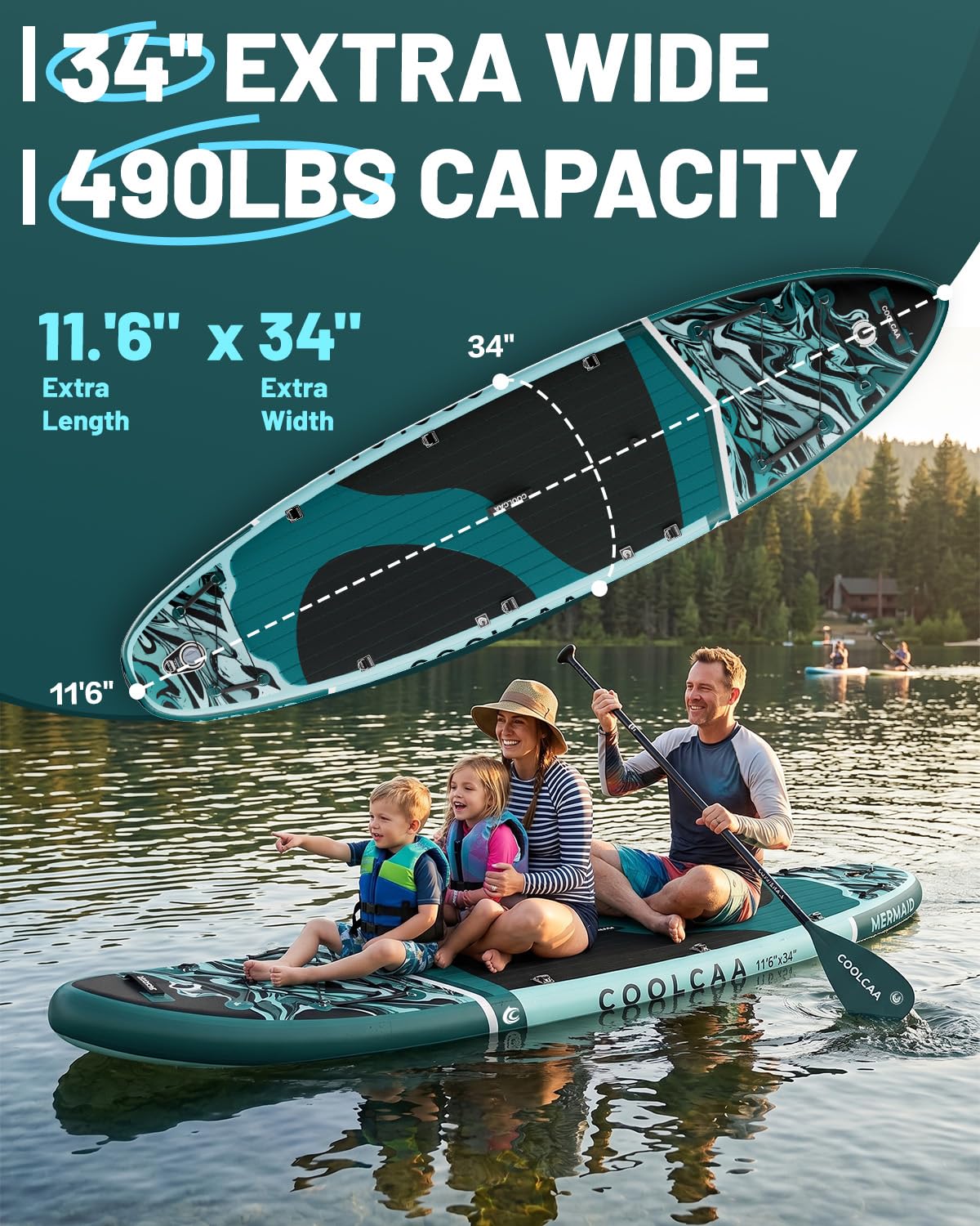COOLCAA Mermaid 11'6" x 34" Extra Wide Inflatable Paddle Board, 490lbs Capacity Stable SUP for Family, Beginners & Dogs, Heavy Duty Fishing Paddle Board with Premium Accessories, Backpack & Pump