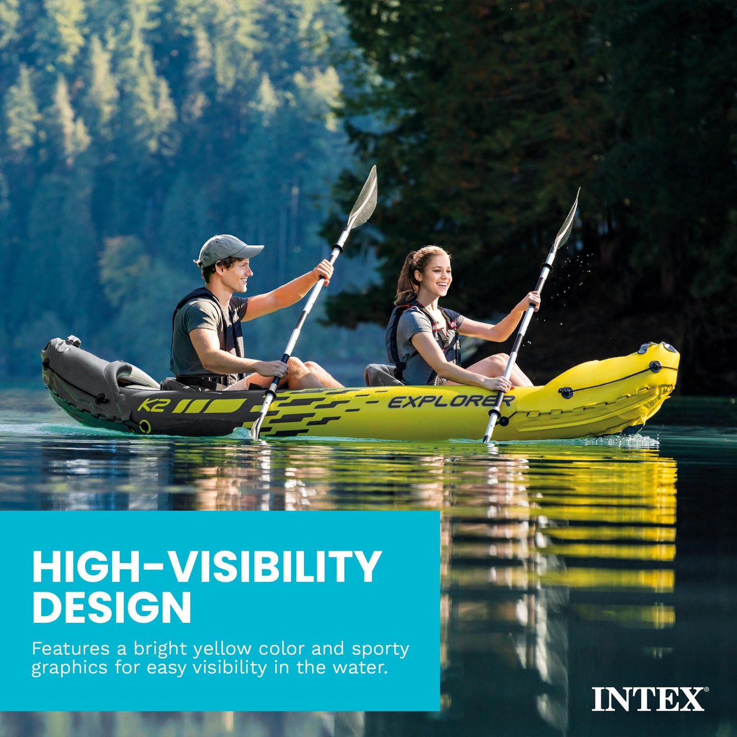 Intex 2-Person Inflatable Kayak Set w/ Pump, Aluminum Oars, Adjustable Seats, Explorer K2 - Tandem Blow-up Raft for Adults, Great for Lakes or Rivers