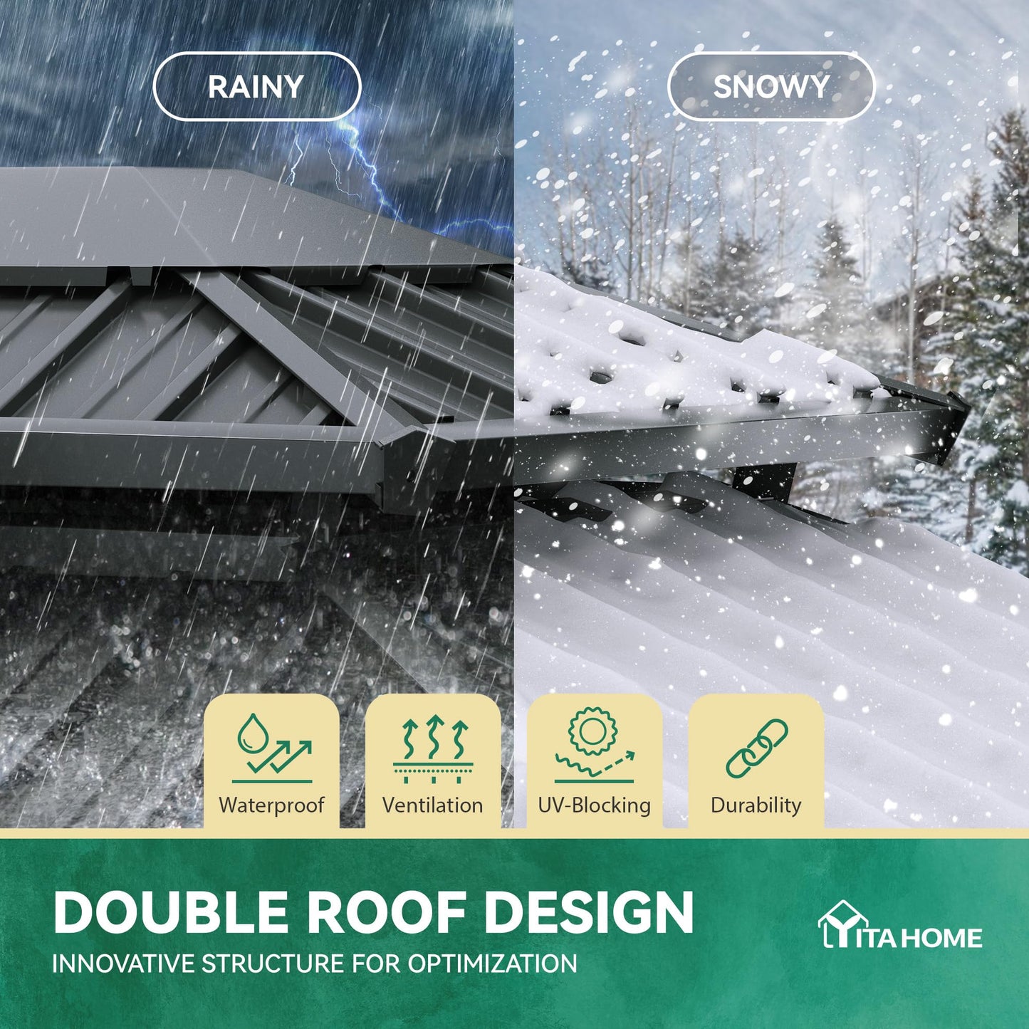 YITAHOME 9x11FT Hardtop Gazebo Double Roof Canopy w/Netting and Curtains, Outdoor Gazebo Permanent Galvanized Iron Steel Gazebo for Patio, Backyard, Deck and Lawns, Brown