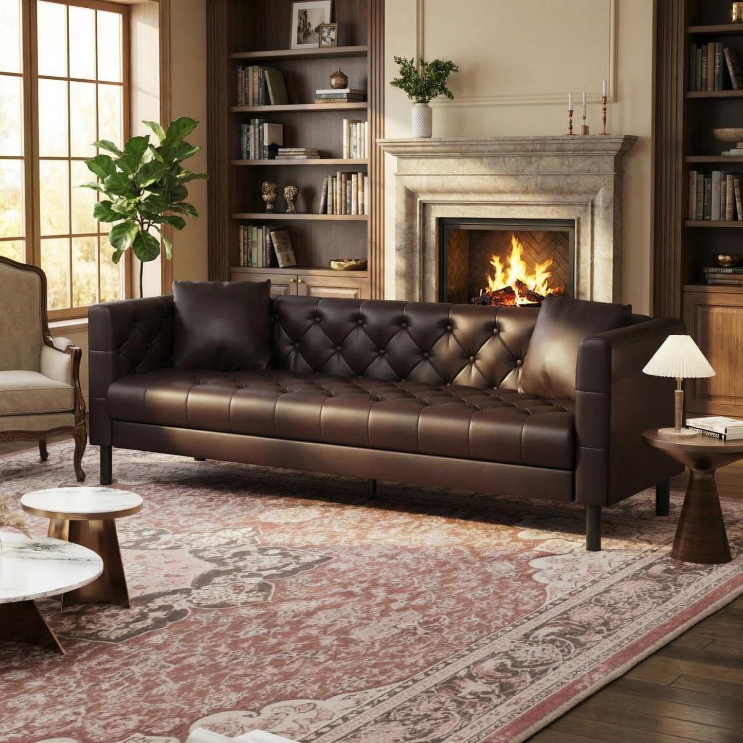 IDEALHOUSE Mid Century Modern Sofa 81 Inch – 3 Seater Faux Leather Couch with Tufted Back, Deep Seats and 2 Pillows, Apartment Sofa for Living Room, Dark Brown