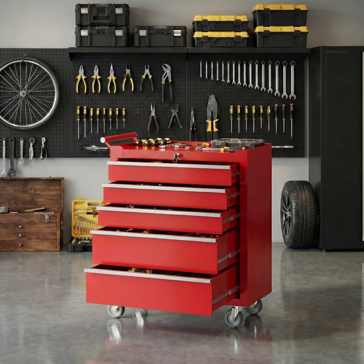 Rolling Tool Chest with Wheels, 5 Drawer Tool Storage Cabinet, Portable Toolbox Organizer with Lock, Heavy Duty Tool Chest Cart for Garage, Mechanic, Workshop, Shop, Mobile Tool Organizer, Red