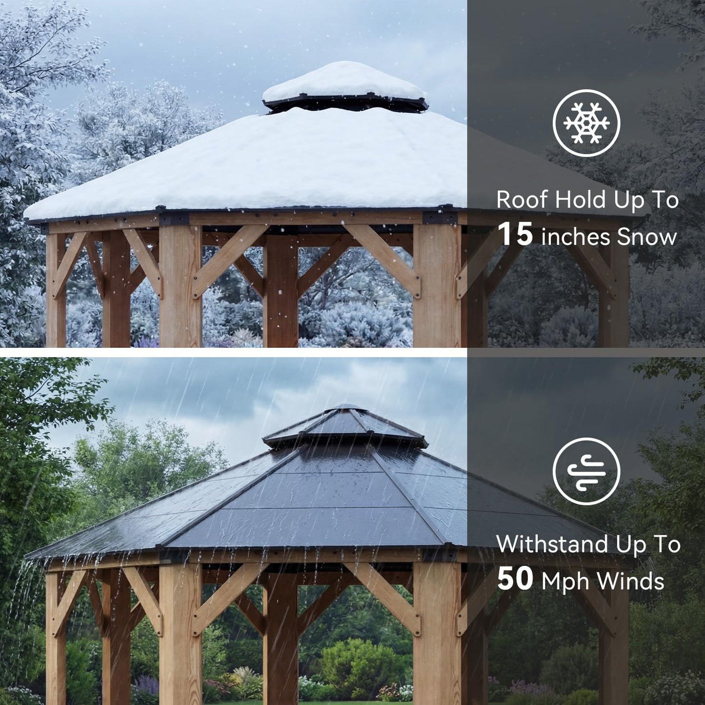 Aoxun 13' x 13' Outdoor Wood Gazebo, Hardtop Gazebo Permanent Wooden Pavilion with Galvanized Steel Double Roof, for Packyard, Garden, Deck, Cedar Wood