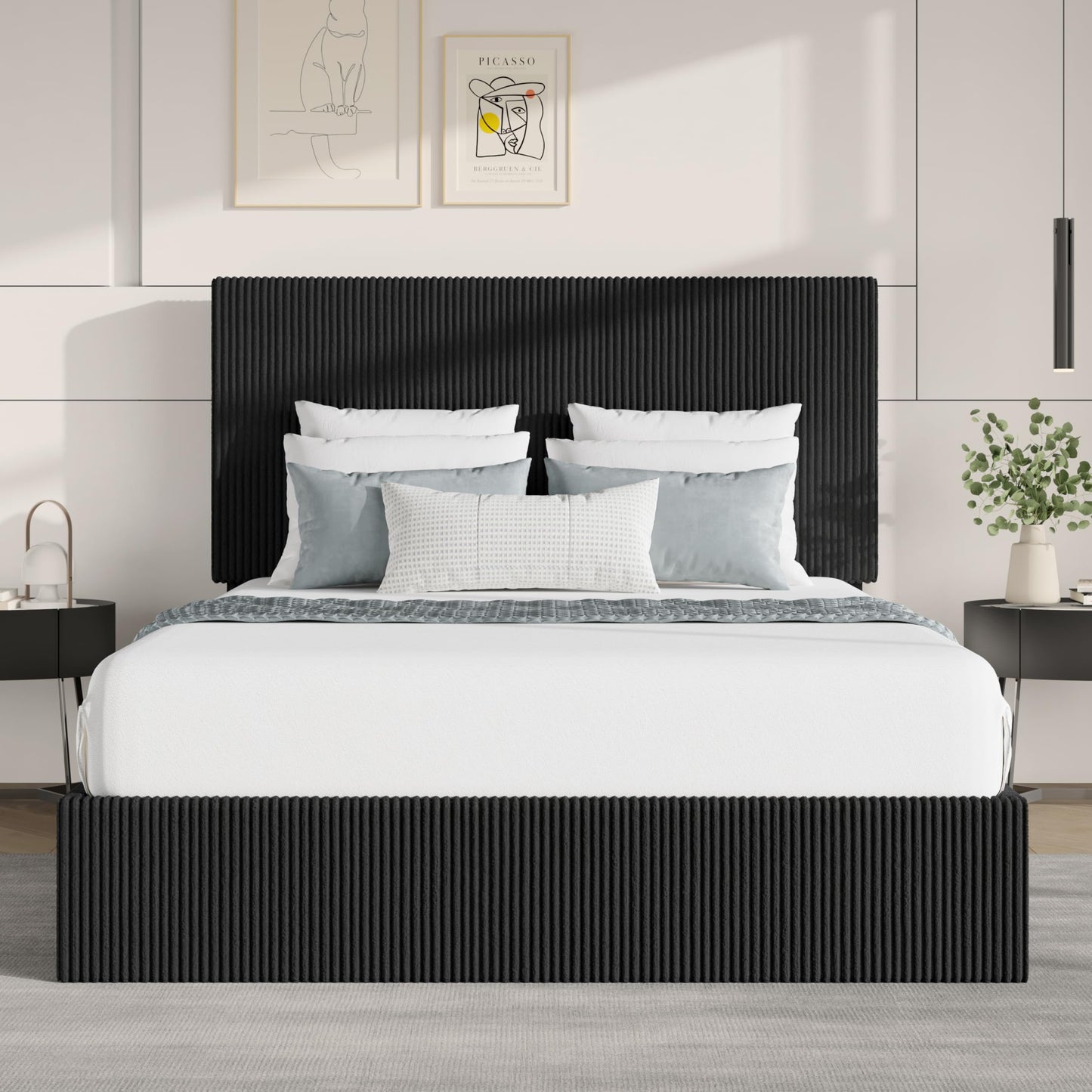 SHA CERLIN Queen Bed Frame, Corduroy Upholstered Platform Bed, Adjustable Vertical Channel Tufted Headboard, Modern Low Profile Frame, No Box Spring Needed, Easy Assembly, Black