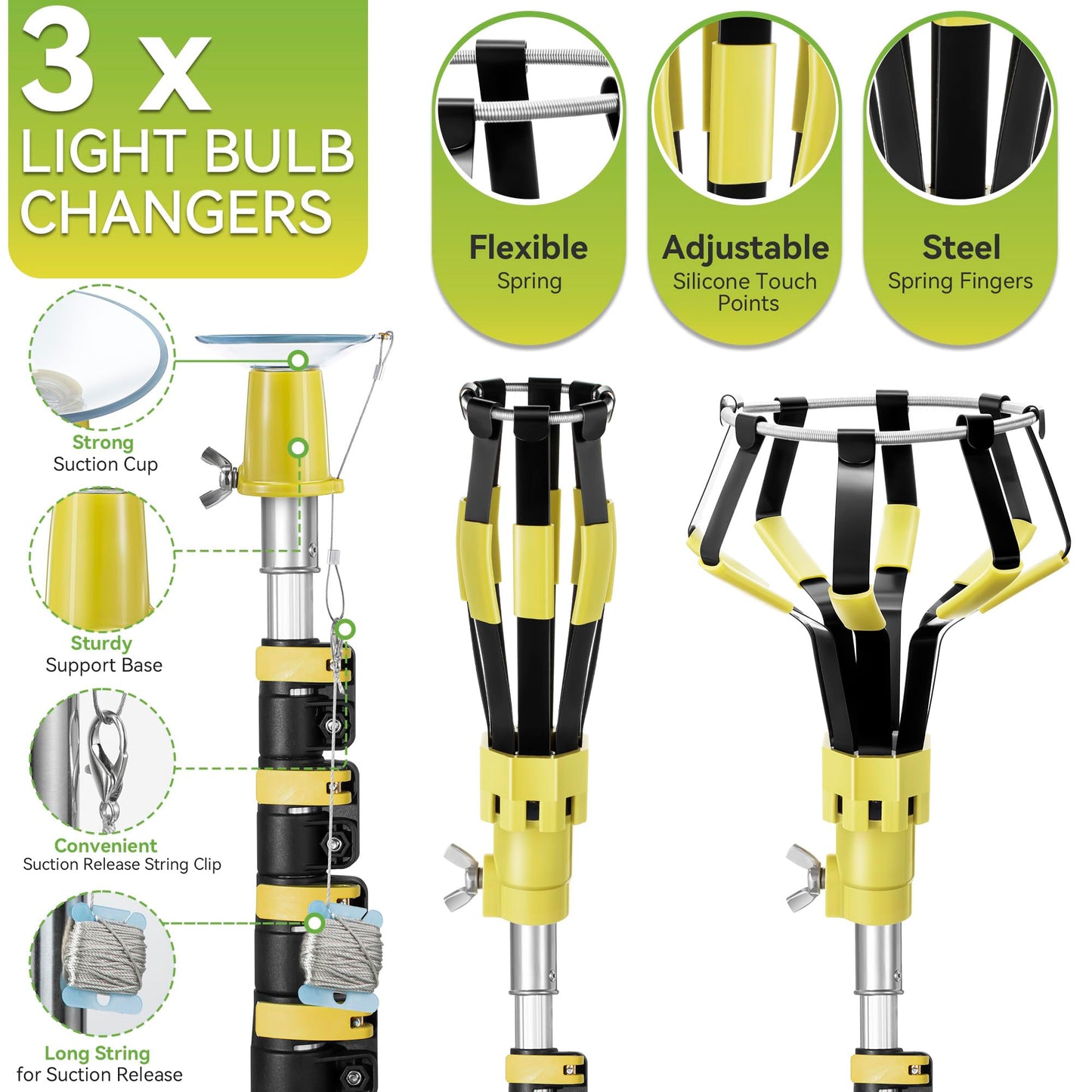 Dreyoo Light Bulb Changer Set with Telescopic Pole 3-12 ft, Metal, Yellow, Model DR-Dreyoo-0995