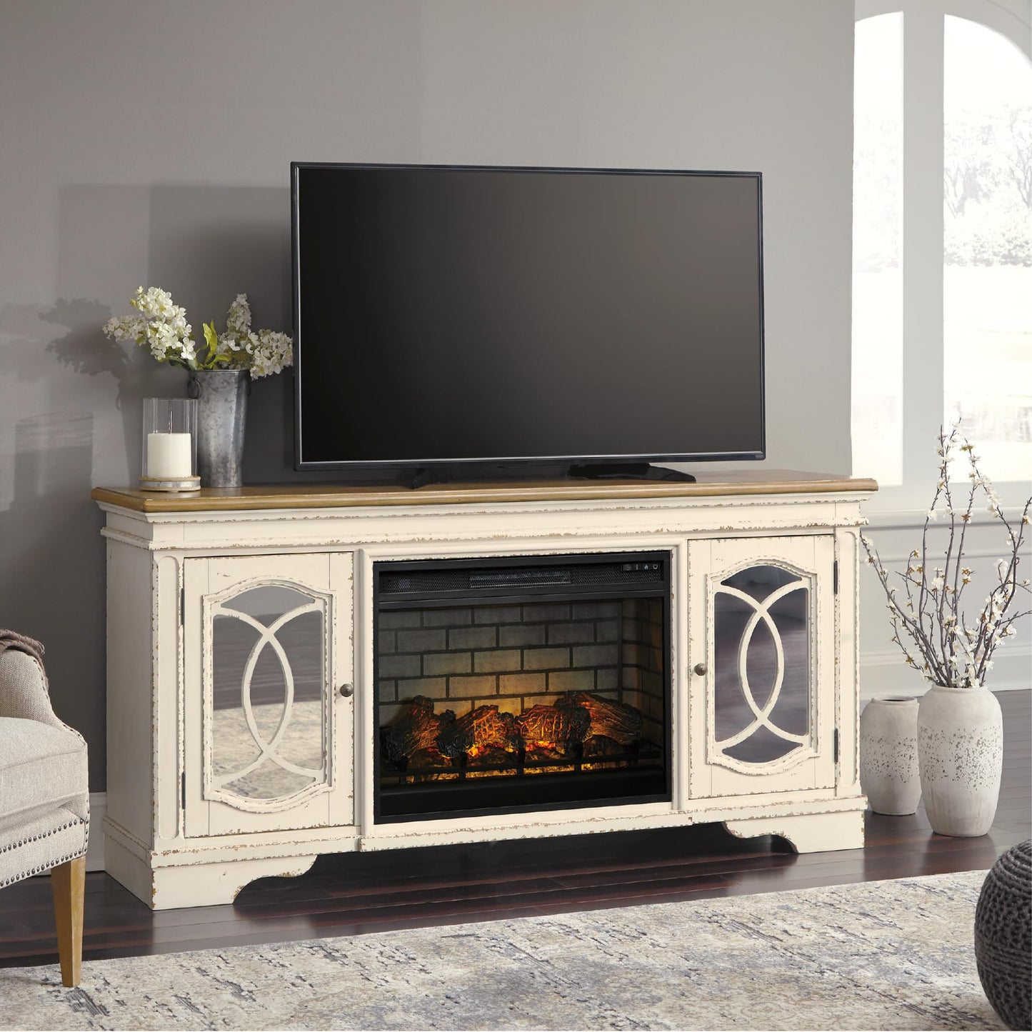 Signature Design by Ashley Realyn Fireplace TV Stand, 74 Inch Cottage Style Media Console, Wood, Engineered Wood and Veneers, Electric Infrared Insert, Fits TVs up to 85 Inch, Chipped White