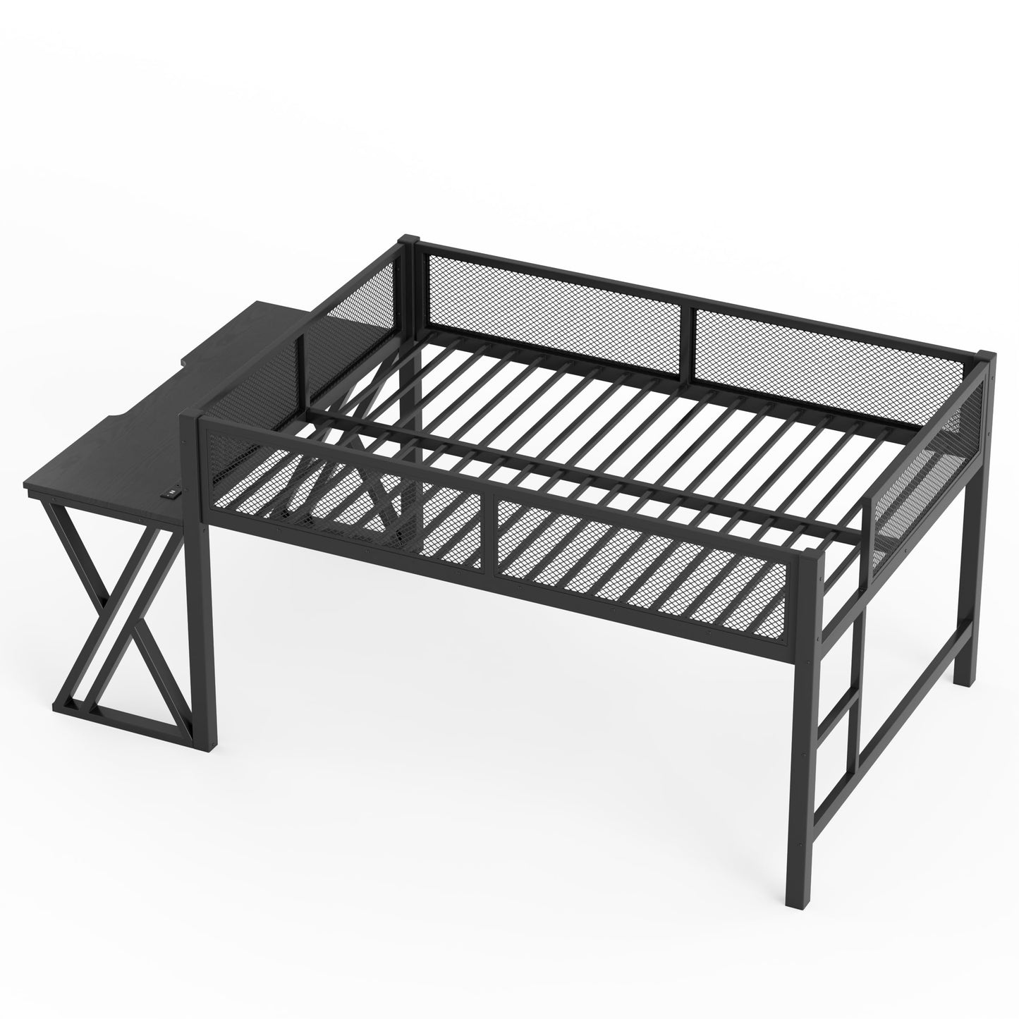 Bellemave Metal Full Low Loft Bed with Desk, LED Lights & Charging Station, Gaming Loft Bed Frame for Boys, Girls & Teens, Space-Saving Kids Full Loft Bed, Black