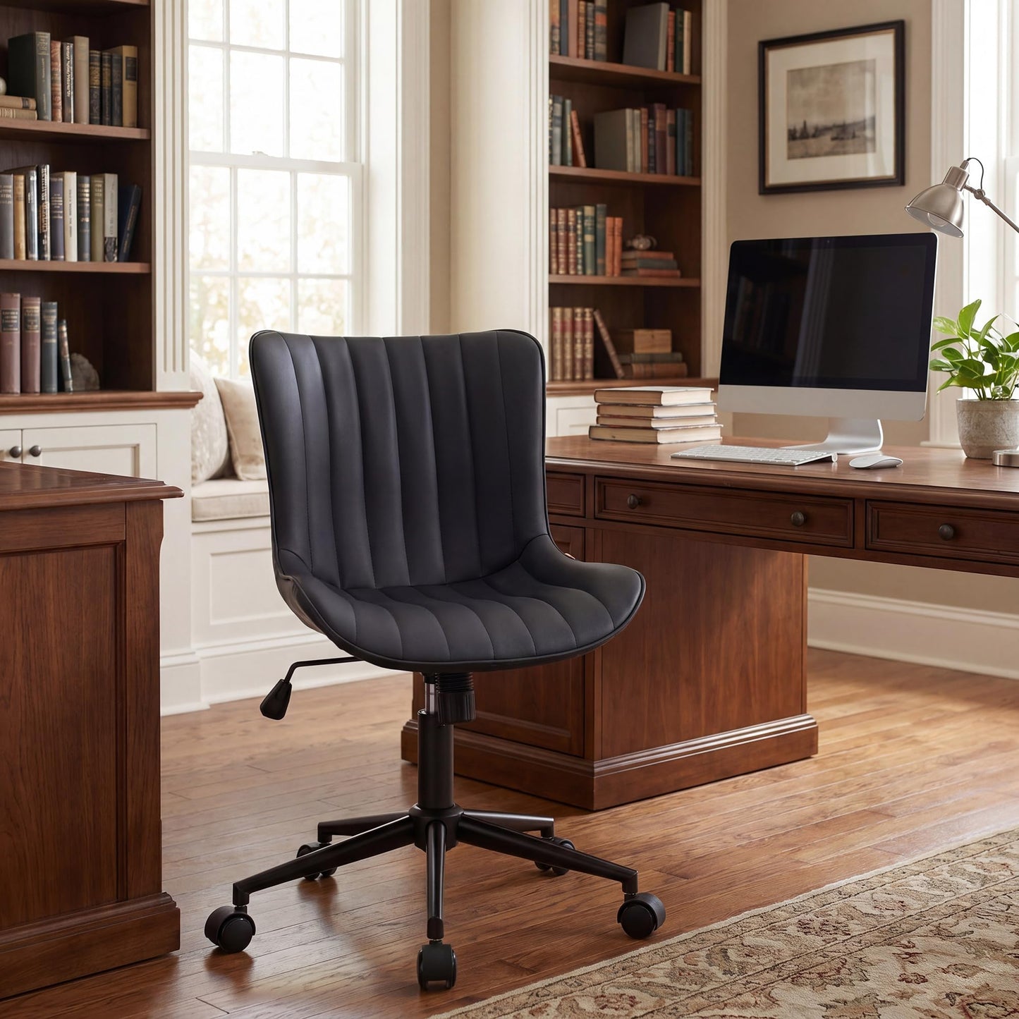 Kidol & Shellder Office Desk Chair with Wheels Modern Leather Cute Armless Swivel Vanity Chair with Comfy Padded Back Ergonomic Rolling Adjustable Computer Task Chair Small Black