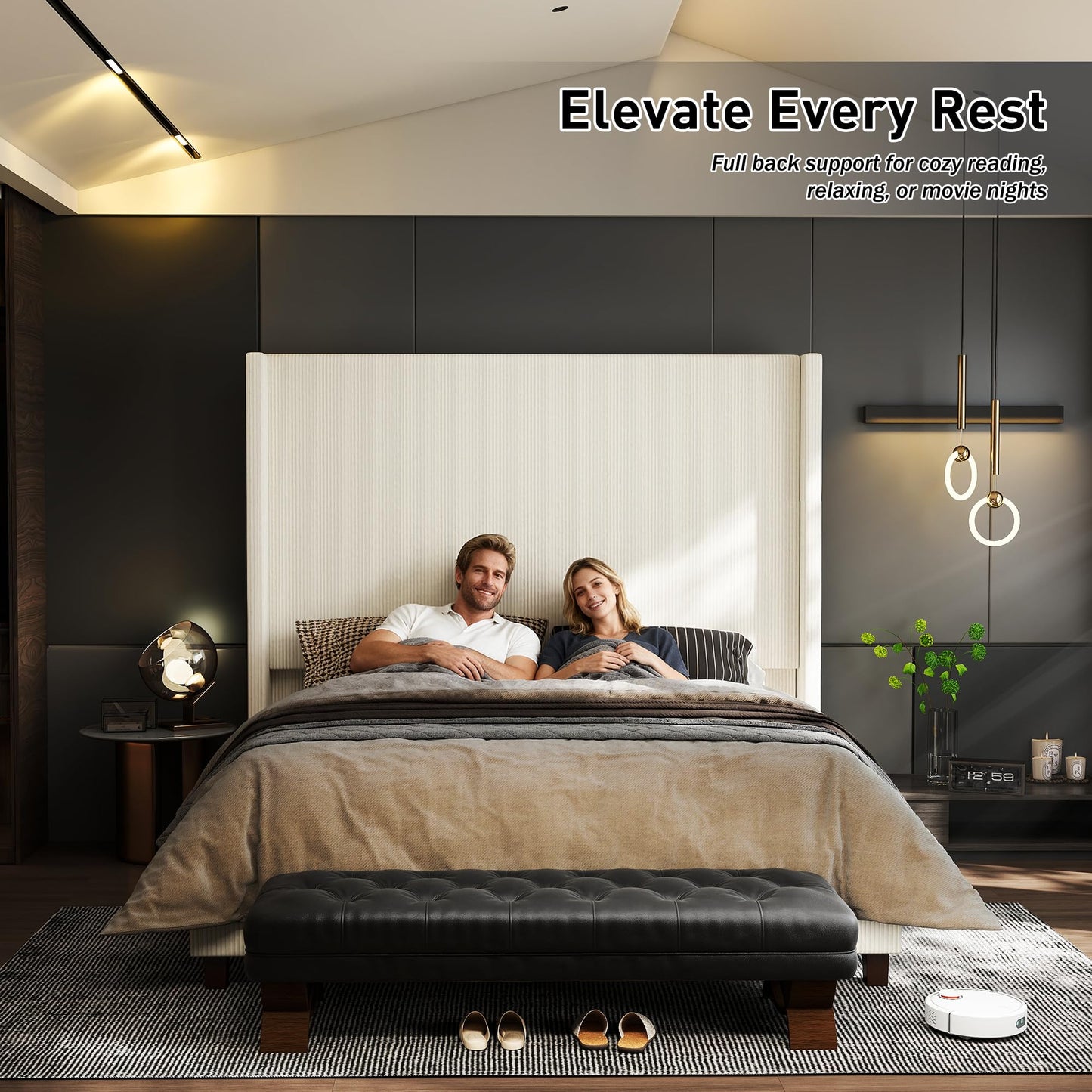 lividido Queen Size 65.2" Tall Upholstered Bed Frame with USB Charging Station,Soft Washable Corduroy Cover with Wingback Headboard, Solid Wood Legs/Noise-Free/No Box Spring Needed/Beige