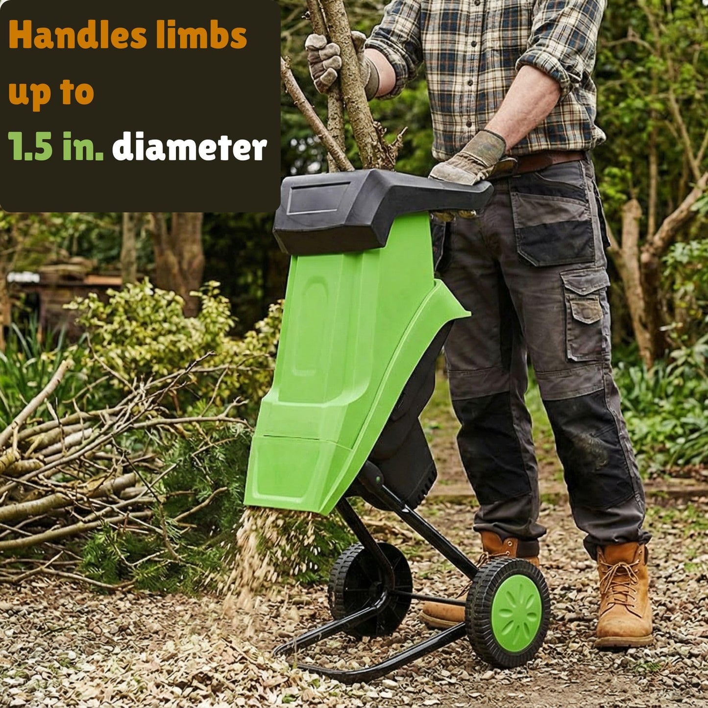 14 Amp Electric Chipper Shredder – 1.5" Capacity Corded Wood Mulcher for Branches, Leaves & Yard Debris — Compact Garden Cleanup Tool