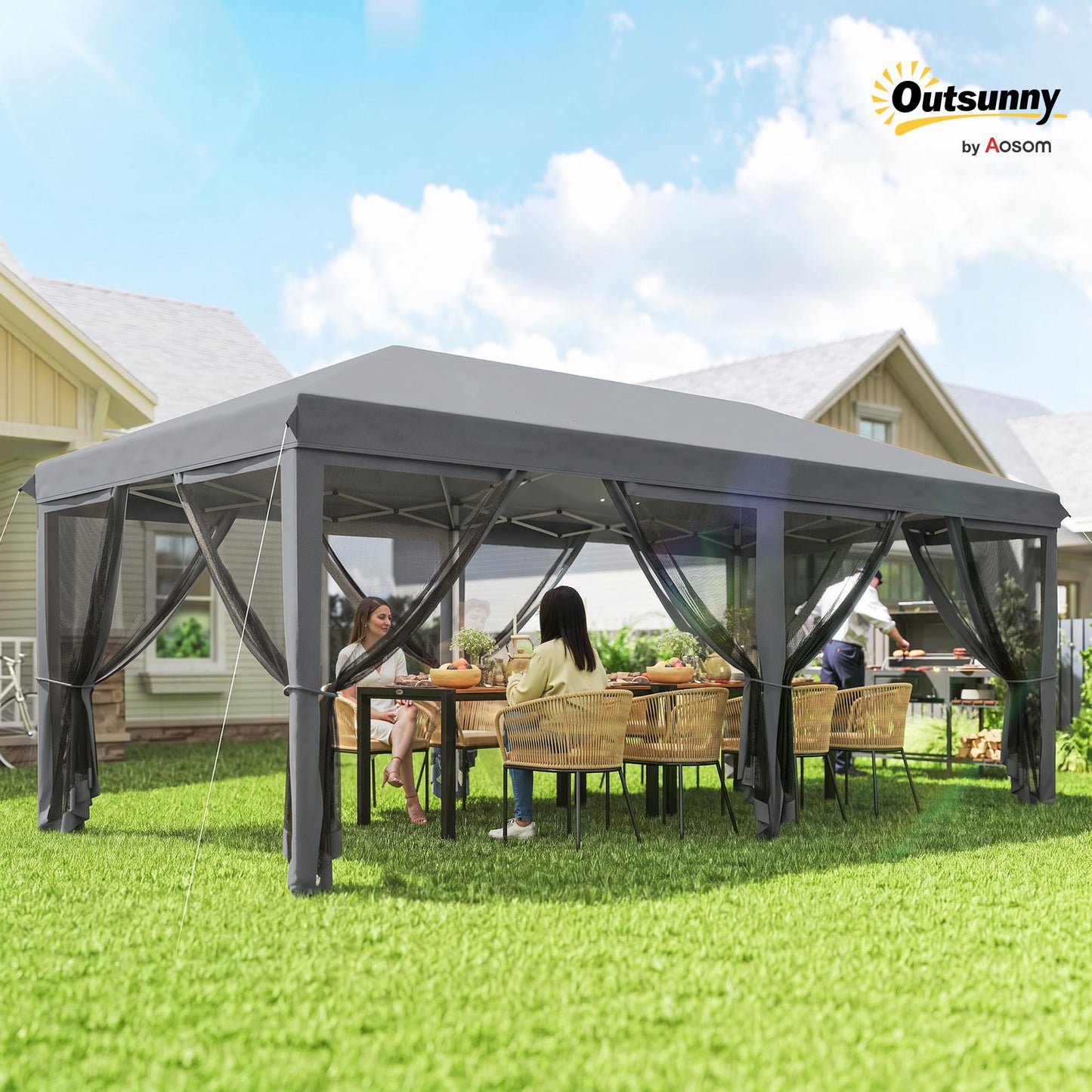 Outsunny 10' x 20' Pop Up Canopy Tent with Netting, Heavy Duty Instant Sun Shelter, Large Tents for Parties with Carry Bag for Outdoor, Garden, Patio, Gray
