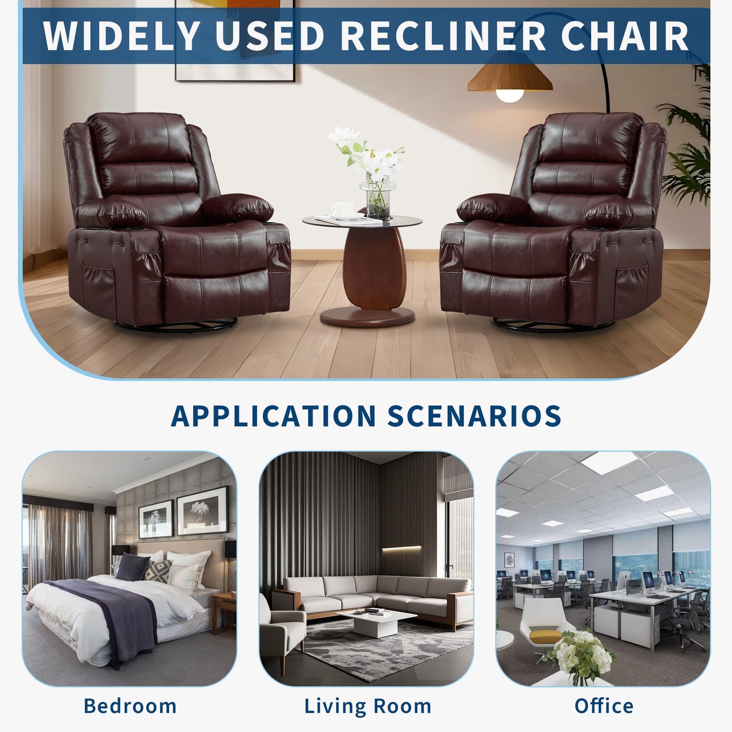 Garvee Rocking Recliner Chair for Adults 360° Swivel Rocker Recliner with Cup Holder Wide Nursery Glider with Upholstered Deep Seat PU Leather Comfy Single Sofa for Living Room Coffee
