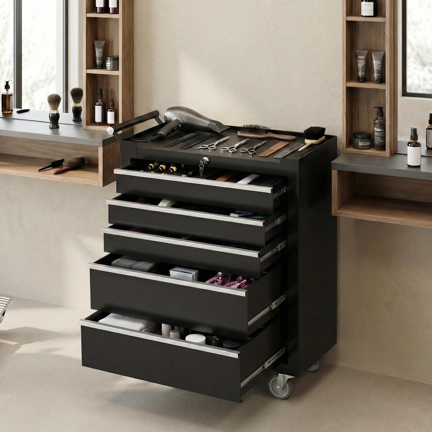 PeakPursuit 5-Drawers Rolling Tool Chest, Portable Tool Box with Wheels and Lock System, Secure Storage Cabinet for Warehouse, Workshop, and Repair Shop, Black