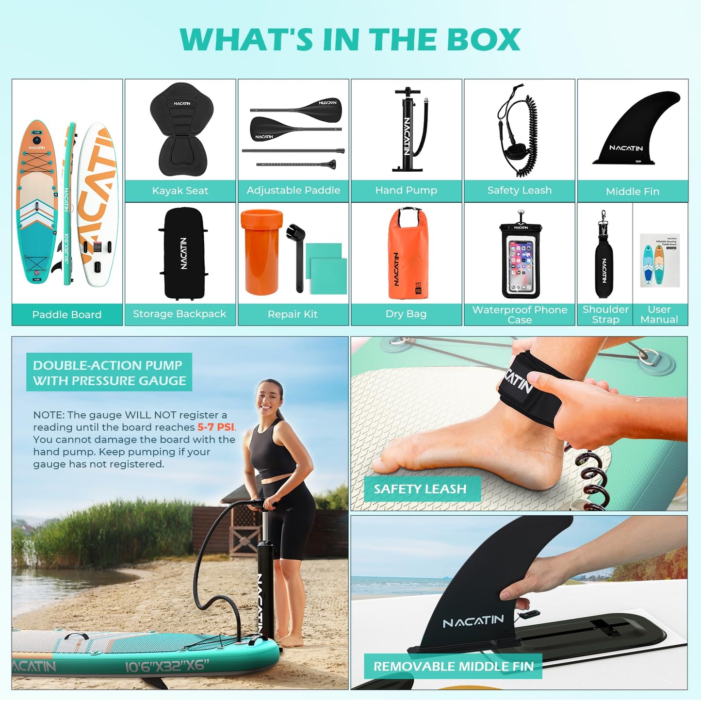 NACATIN Inflatable Stand Up Paddle Board,10'6"Upgrade Version Blow Up Paddle Boards for Adults with Premium SUP Accessories& Backpack,Adjustable Paddle,Camera Mount,Hand Pump, for Lake, River, Yoga