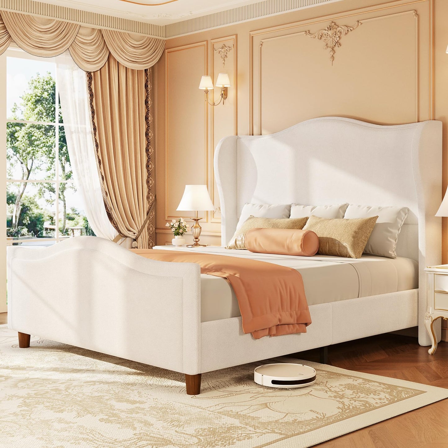 koorlian Queen Bed Frame Chenille Upholstered Platform Bed with Headboard and Footboard, 51" High Deep Tufted Wingback Sleigh Upholstered Bed, Modern Retro Minimalist Style, Easy Assembly, Cream