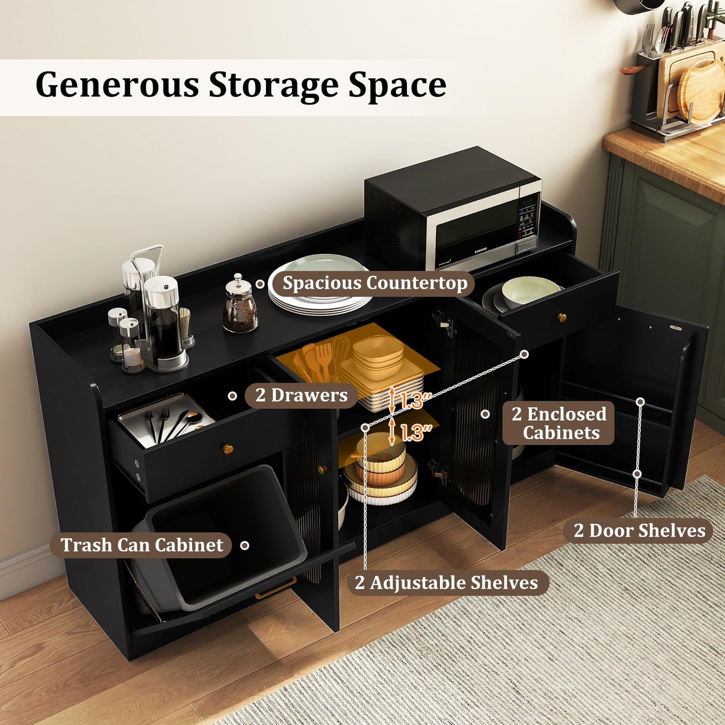 Giantex 55" Farmhouse Buffet Cabinet, Large Credenza w/Hidden Tilt Out Trash Can, 2 Glass Doors, 2 Drawers & Adjustable Shelves, Modern Sideboard Coffee Bar Cabinet for Kitchen, Dining Room (Black)