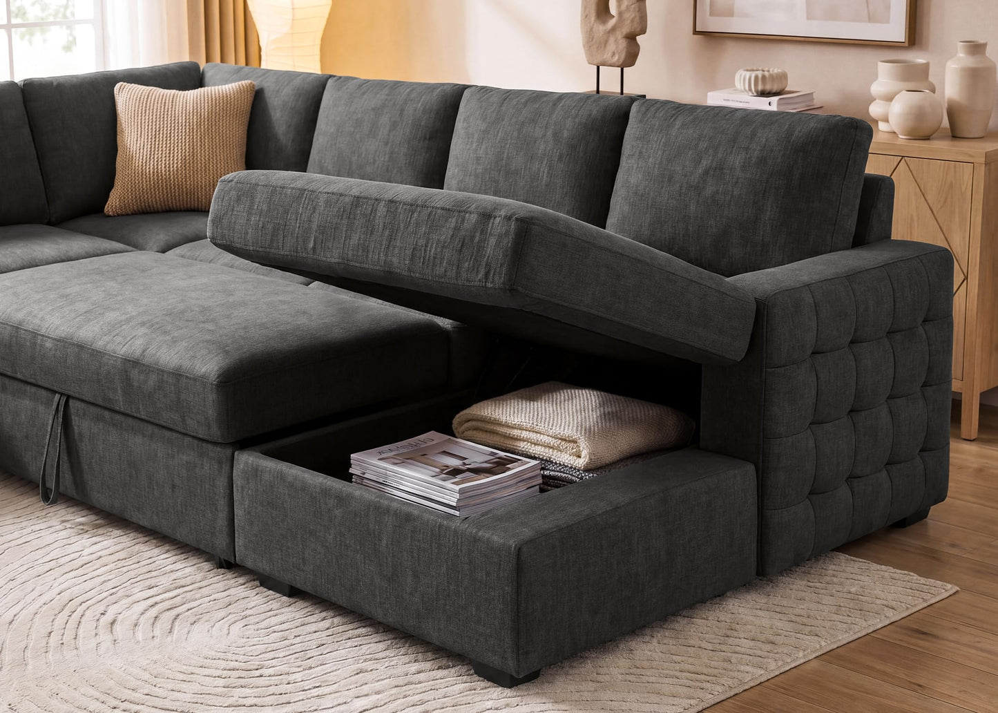 HONBAY Sectional Sleeper Sofa with Pull-Out Bed Storage Chaise, 6 Seater Couch for Living Room, Middle Grey