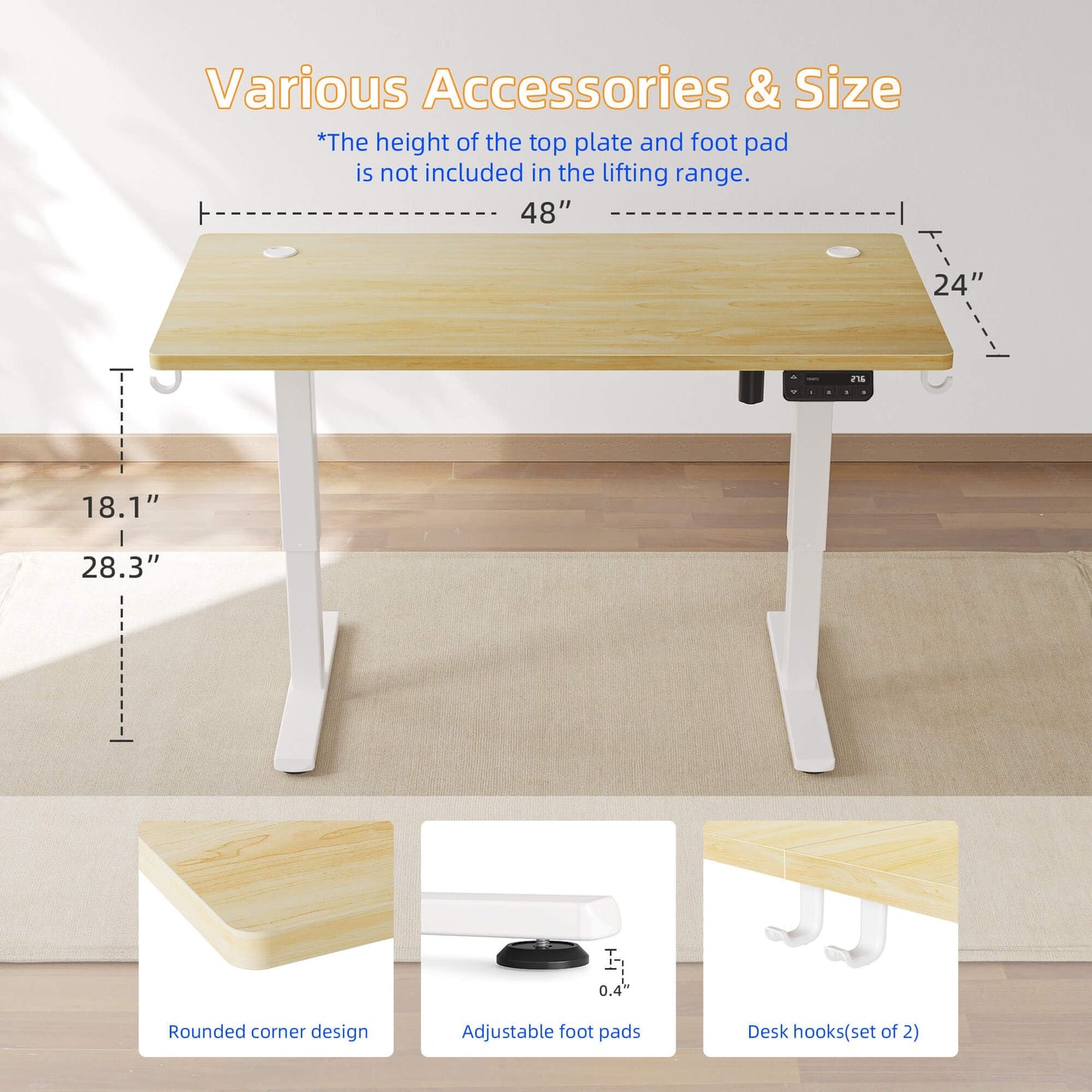 YIHAYO Low Height Adjustable Desk, Lifts 18.1-28.3 Inches, Electric Standing Desk for Short People, 48 x 24 Inches Computer Table with Splice Board for Home Office, Natural