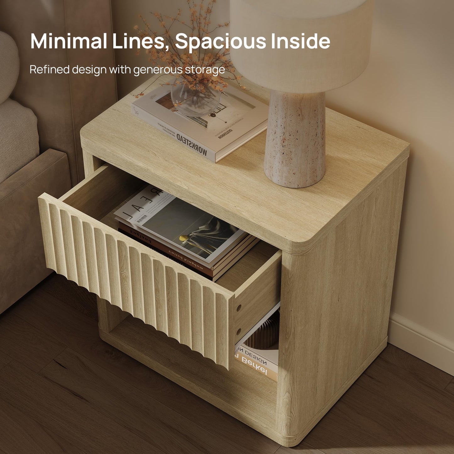 SICOTAS Night Stand Set 2 with Large Drawer 24" Tall Fluted Modern Nightstands Wide Bedside Table for Bedroom Sofa Office, Nightstand with Spacious Storage Minimalist Design, Easy Assembly