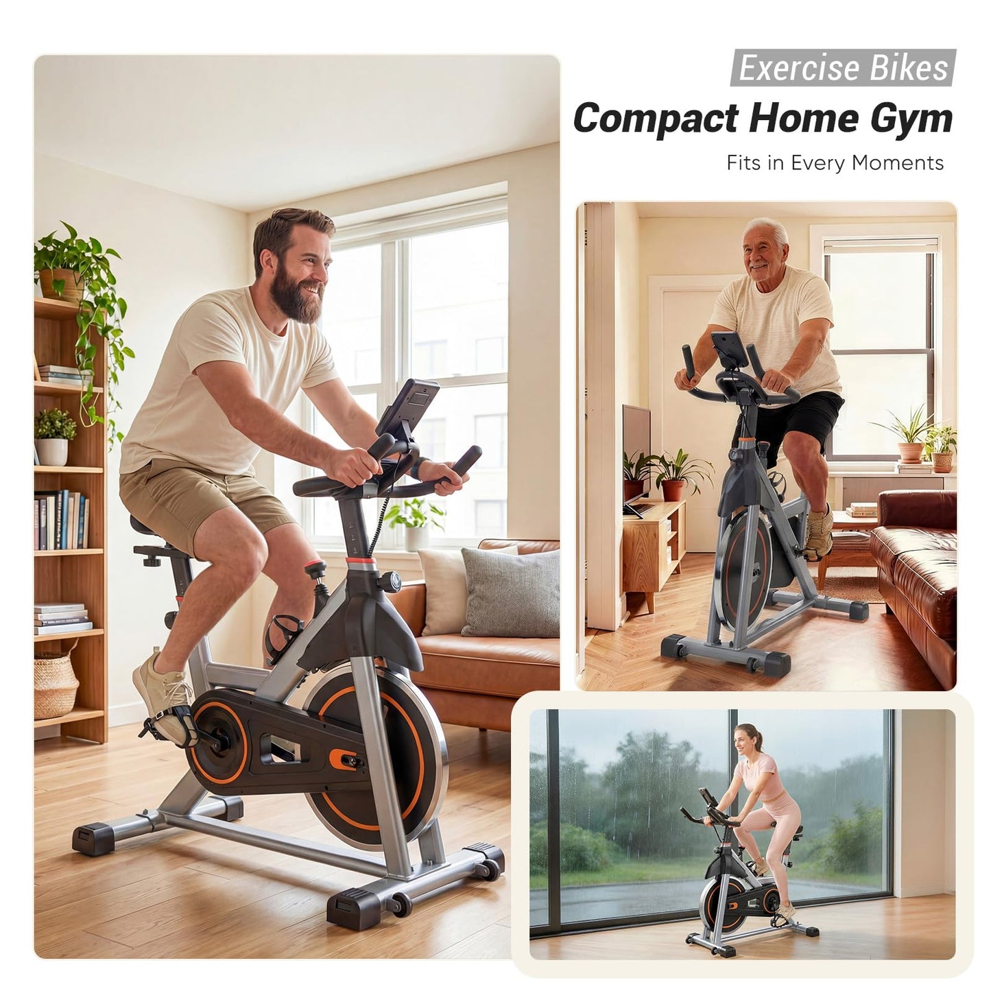 DUMOS Exercise Bike with APP, Stationary Bikes for Home, Workout Bike for Adults & Seniors, Adjustable Height and Resistance, Low Noise, 265lbs Weight Capacity, Easy Setup, Silver&Orange