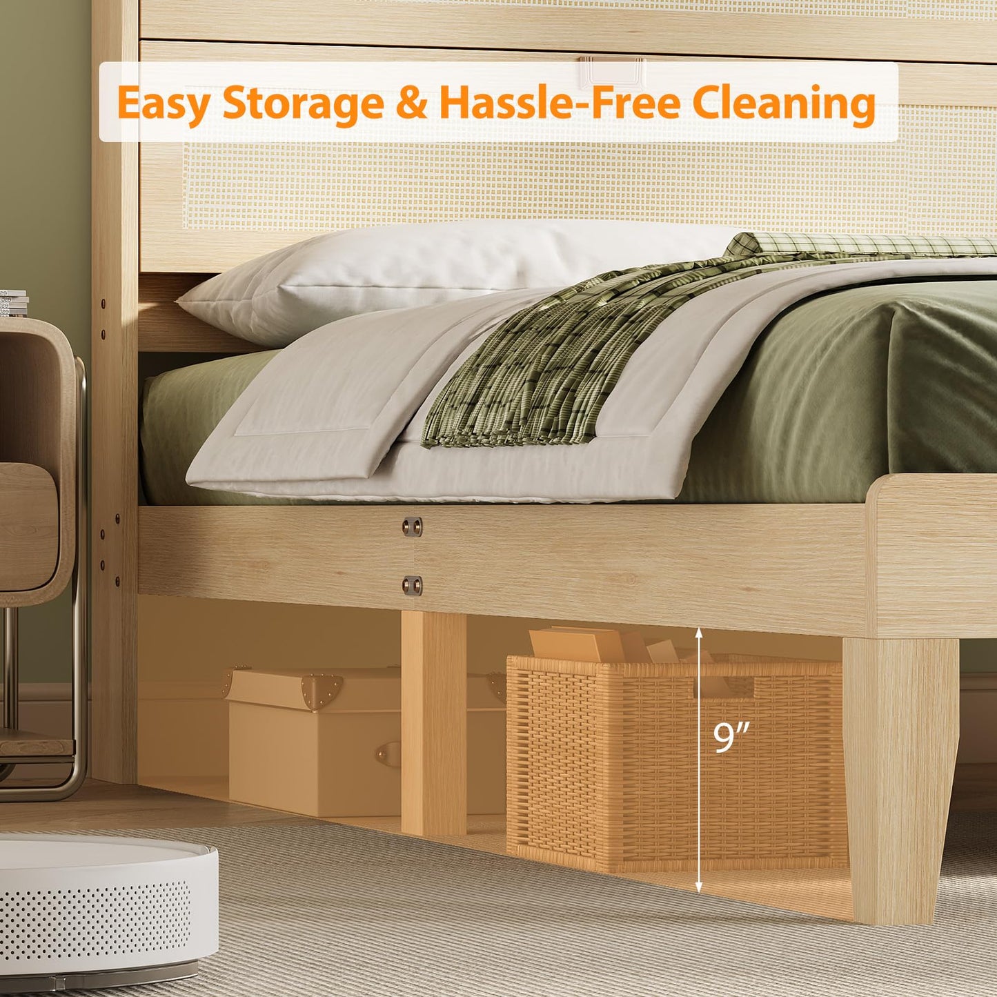 VINGLI Boho Queen Bed Frame with Shelves, Rattan Platform Bed with Storage Headboard and Charging Station, Modern Wood Bed Frame,No Box Spring Needed, Space Saving Design for Bedroom