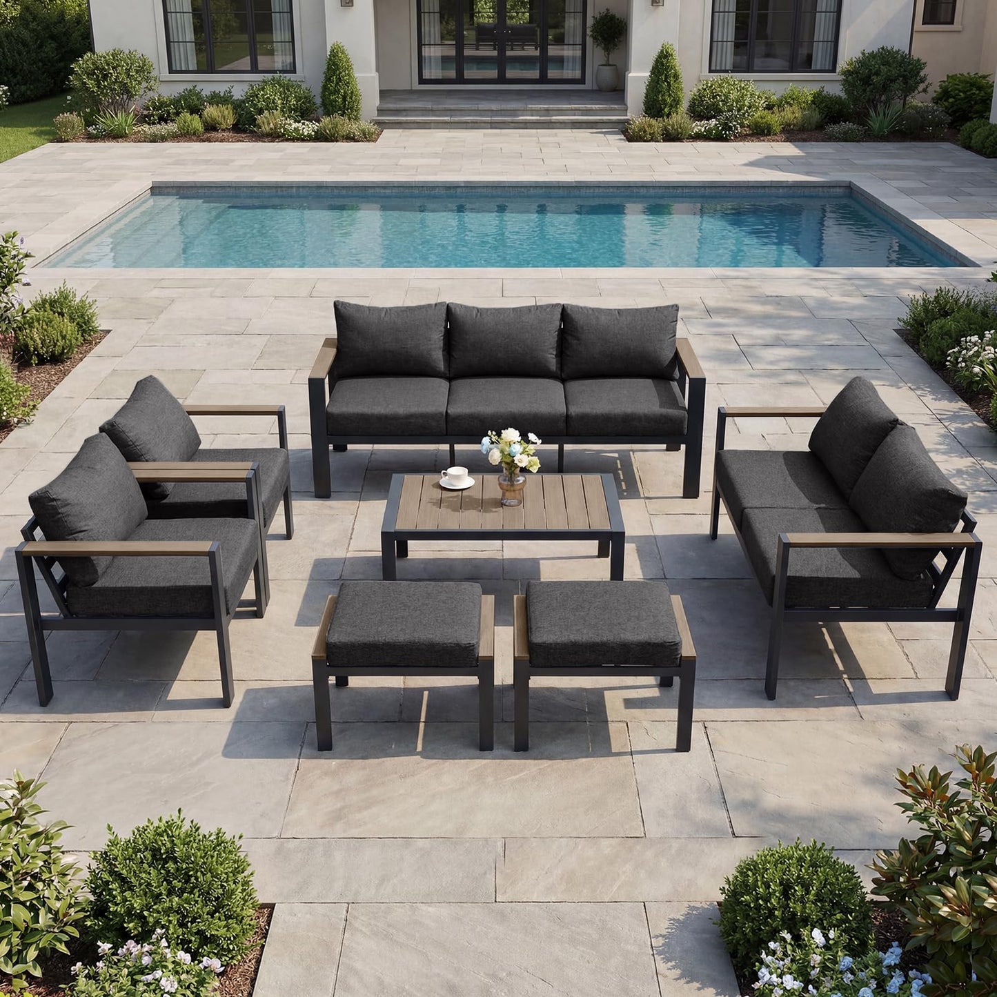 ADRERIC Patio Furniture Set 9 Seats and Coffee Table, 7 Pieces Patio Conversation Set with Thick Cushion, Ottomans, Deluxe Aluminum Modern Outside Sectional for Porch, Balcony, Deck, Yard, Dark Gray