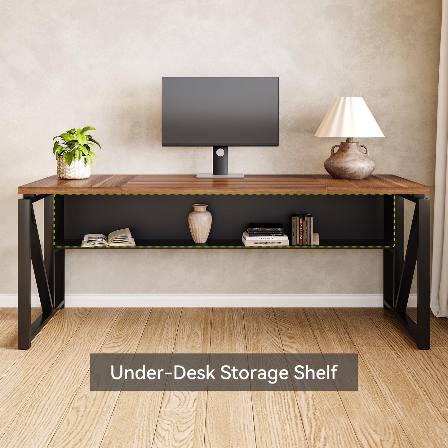 LITTLE TREE 63-Inch Executive Office Desk, Large Computer Desk with Storage Shelf, Executive Desk with Metal Frame, Study Writing Desk Work Station for Home Office, Brown + Black