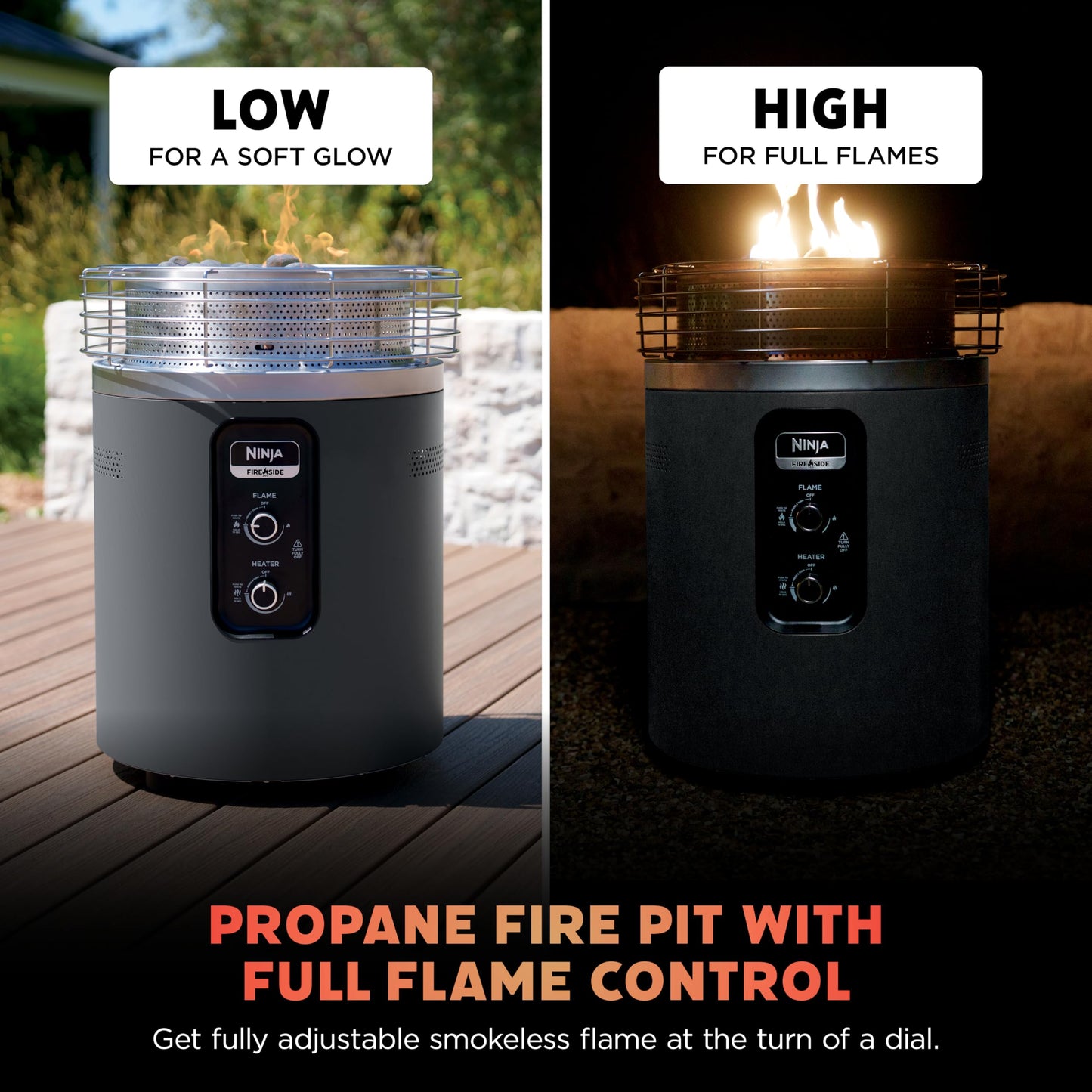Ninja Fireside360™ Outdoor Heater & Fire Pit | 3 Modes: Flame, Heat, Flame & Heat | Portable for Patio, Deck, Camping | Easy Control Smokeless Flames | Push to Start Ignition | Charcoal | OF101AMZ